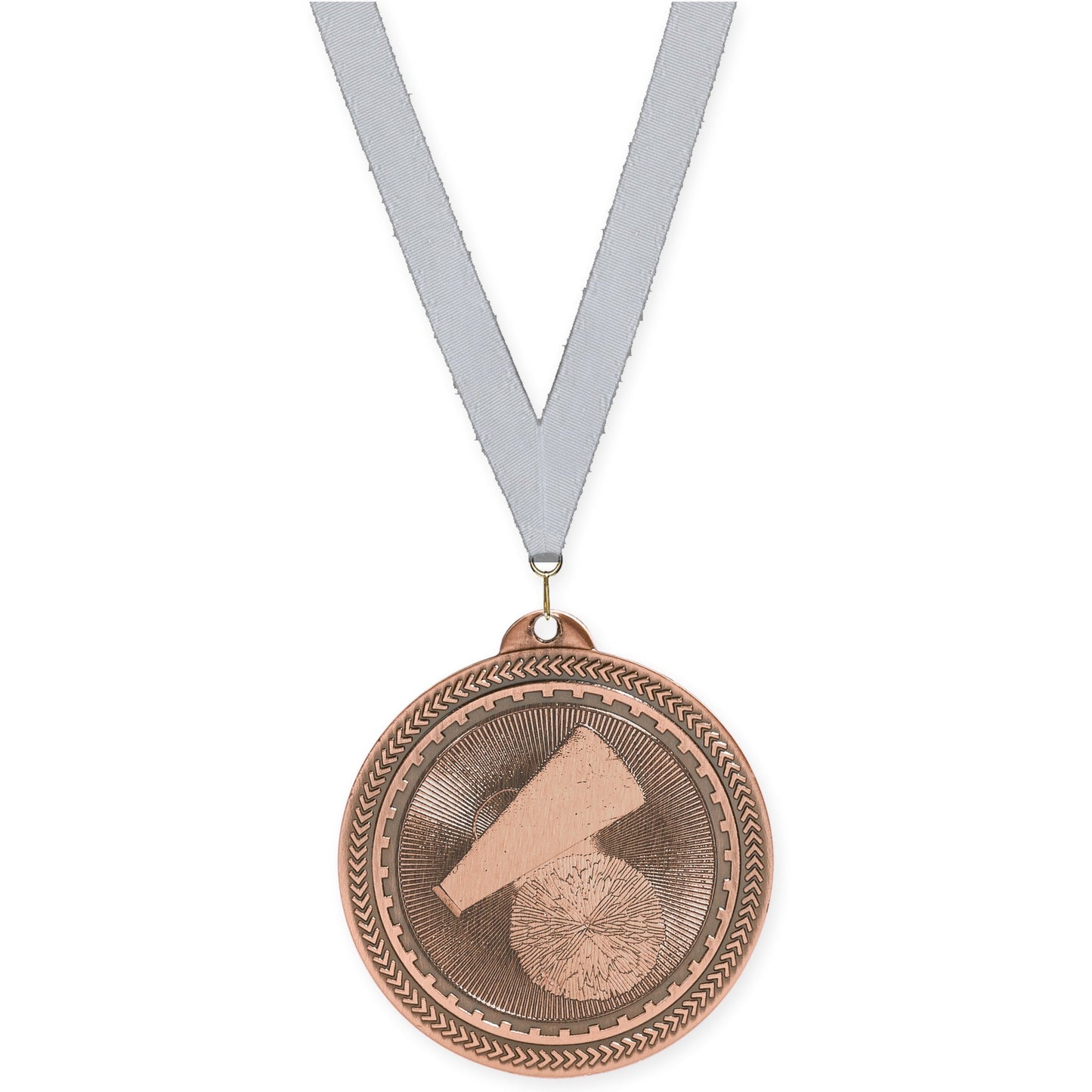 2 inch cheerleading Sunburst medal in antique bronze with Silver Metallic neck ribbon