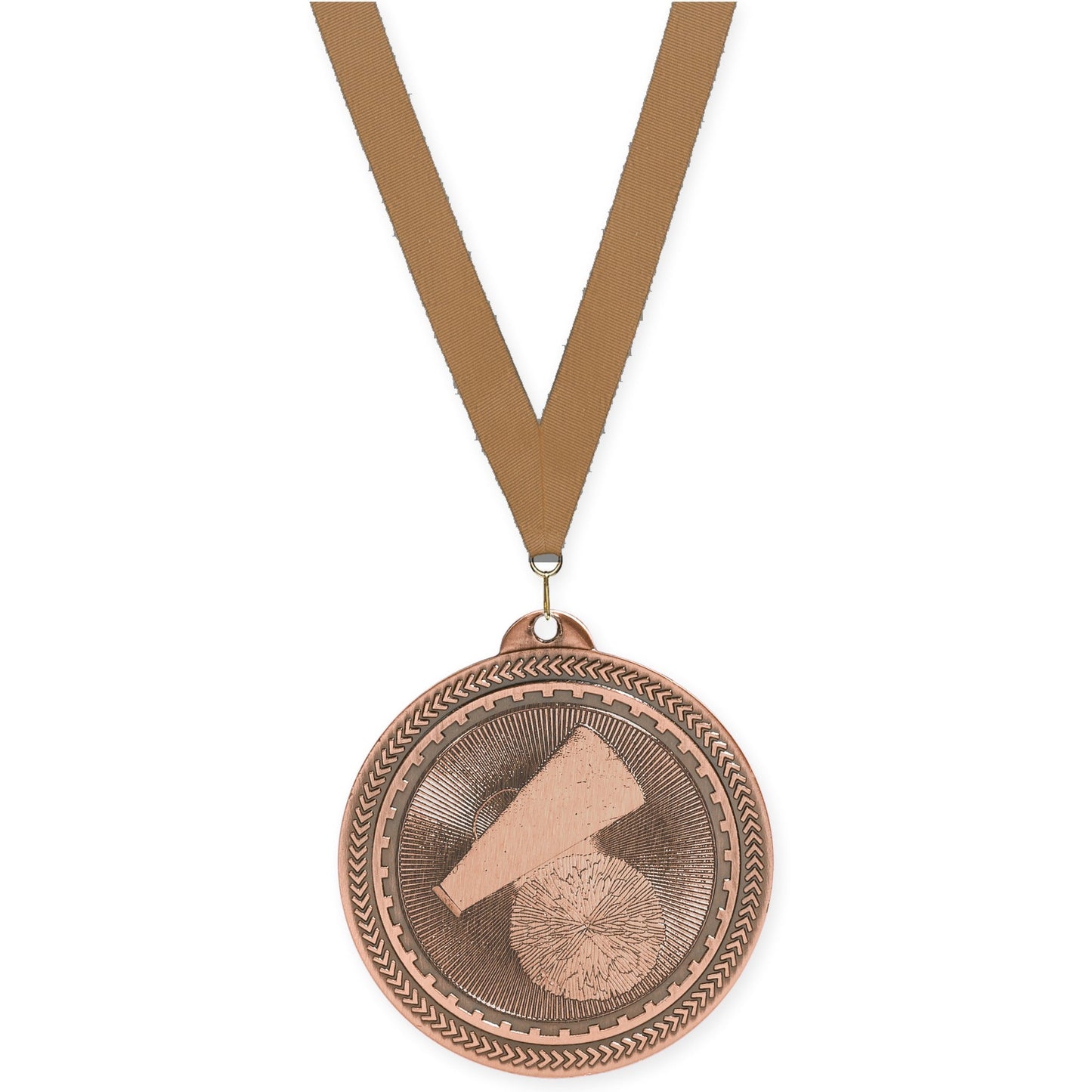 2 inch cheerleading Sunburst medal in antique bronze with Bronze Metallic neck ribbon