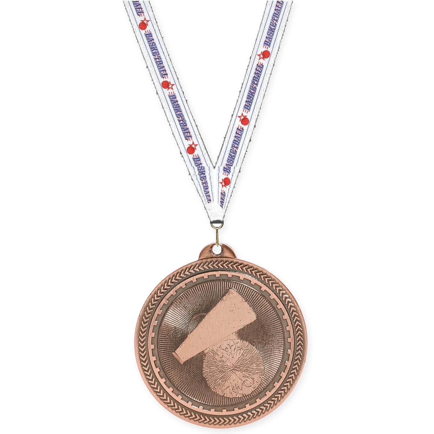 2 inch cheerleading Sunburst medal in antique bronze with Basketball neck ribbon