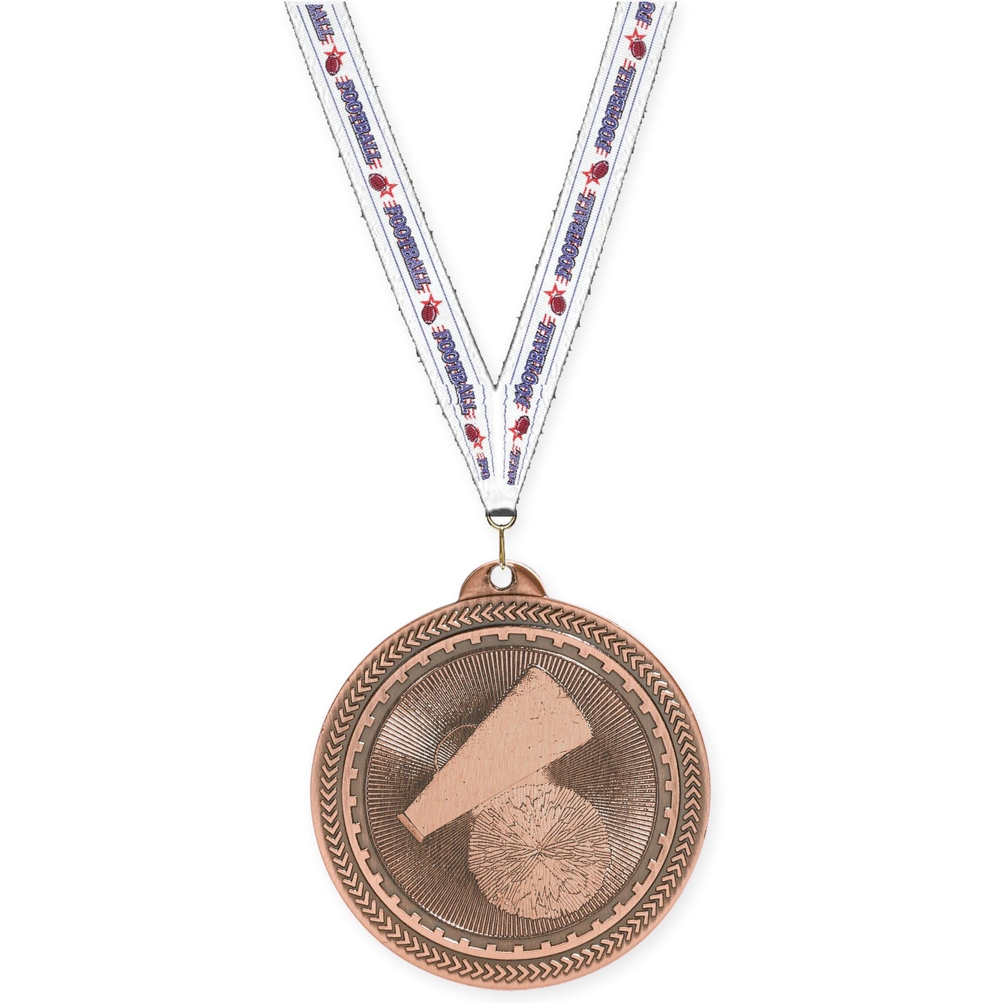 2 inch cheerleading Sunburst medal in antique bronze with Football neck ribbon