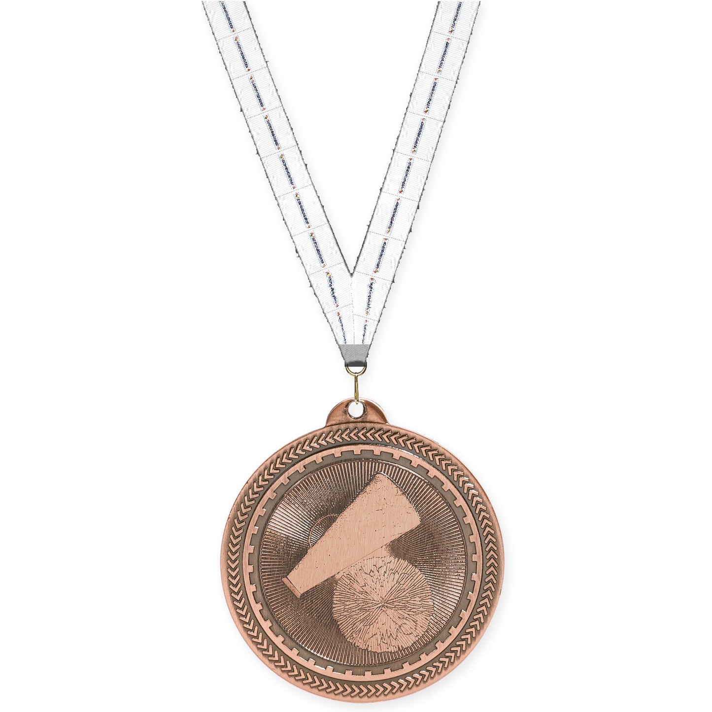 2 inch cheerleading Sunburst medal in antique bronze with Lamp Of Knowledge neck ribbon