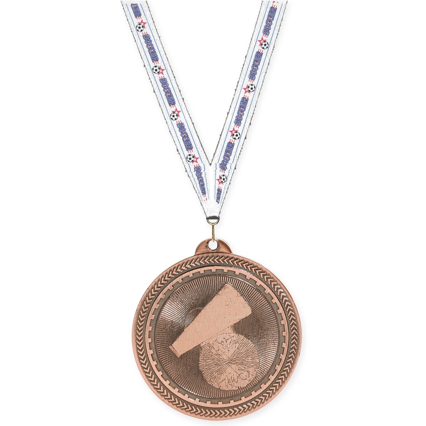 2 inch cheerleading Sunburst medal in antique bronze with Soccer neck ribbon