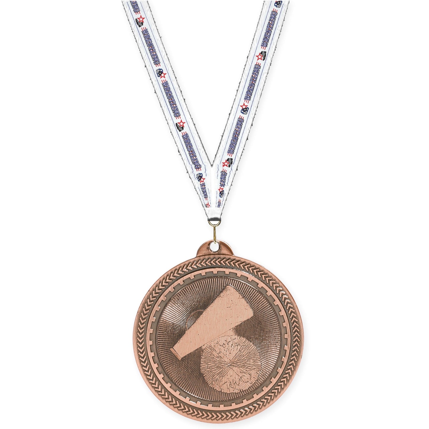 2 inch cheerleading Sunburst medal in antique bronze with Wrestling neck ribbon