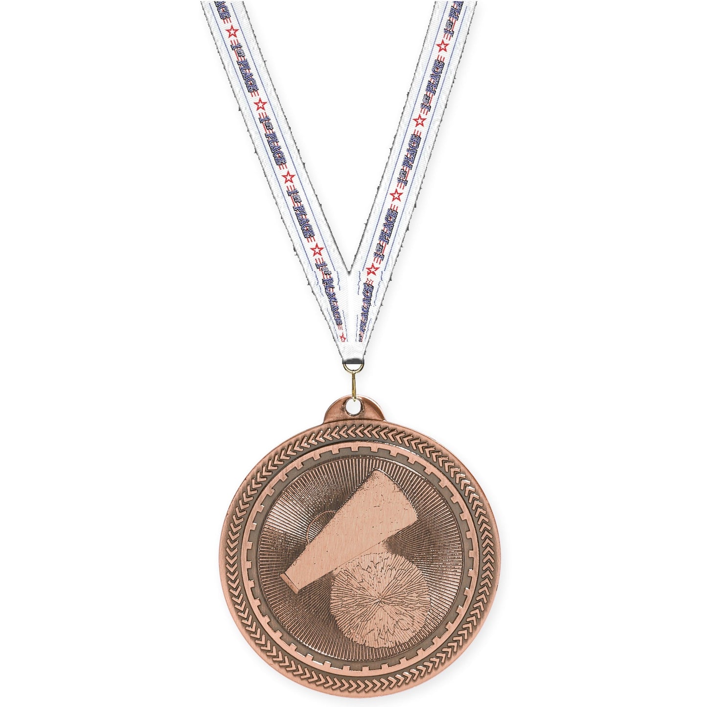 2 inch cheerleading Sunburst medal in antique bronze with 1st Place neck ribbon