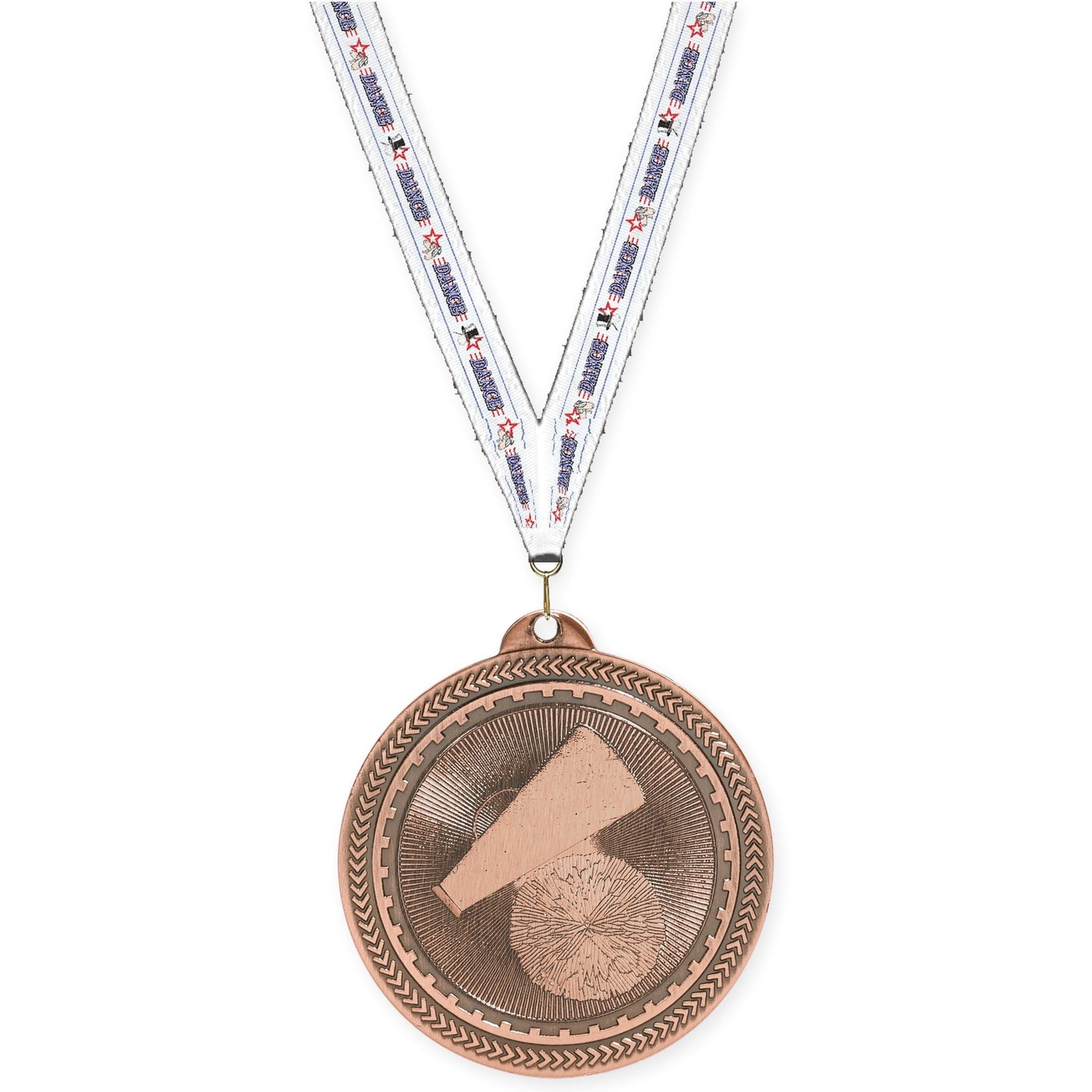 2 inch cheerleading Sunburst medal in antique bronze with Dance neck ribbon