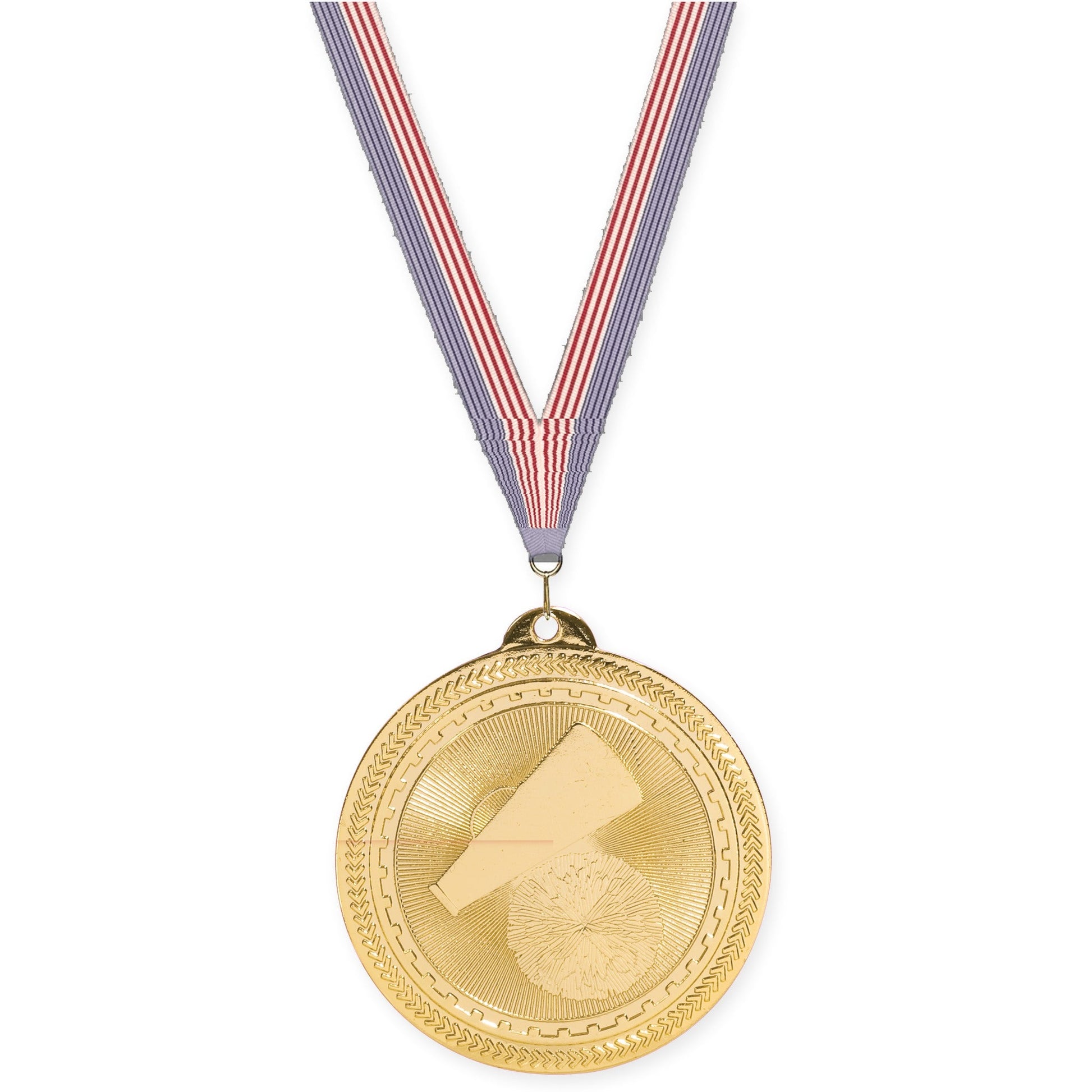 2 inch cheerleading Sunburst medal in bright gold with USA Flag neck ribbon