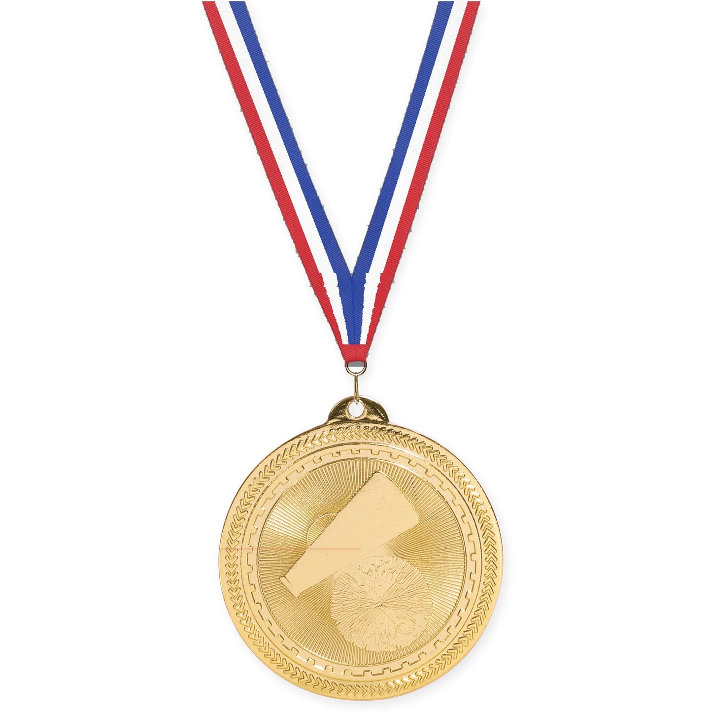 2 inch cheerleading Sunburst medal in bright gold with Red White Blue neck ribbon