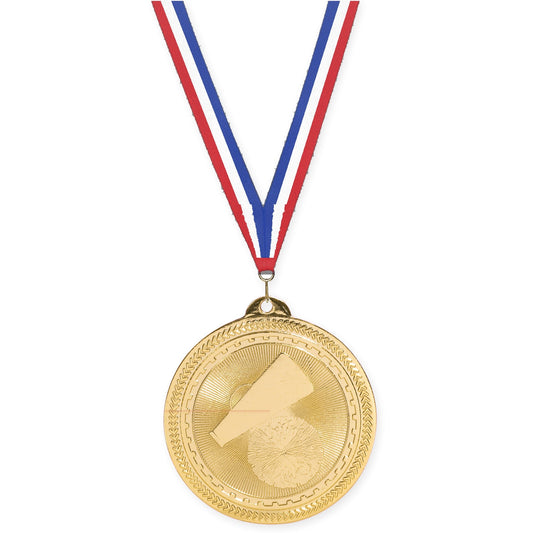 2 inch cheerleading Sunburst medal in bright gold with Red White Blue neck ribbon