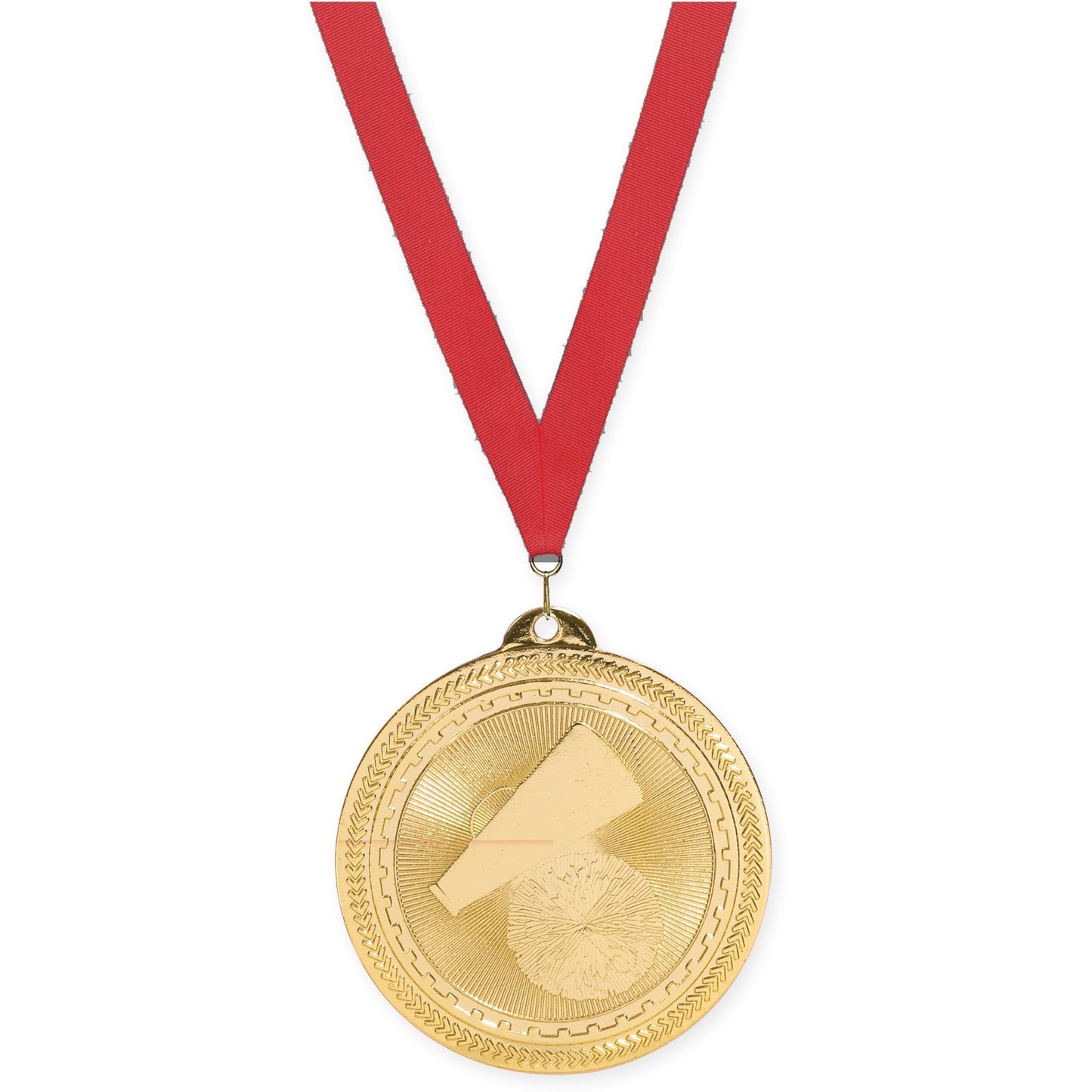 2 inch cheerleading Sunburst medal in bright gold with Red neck ribbon