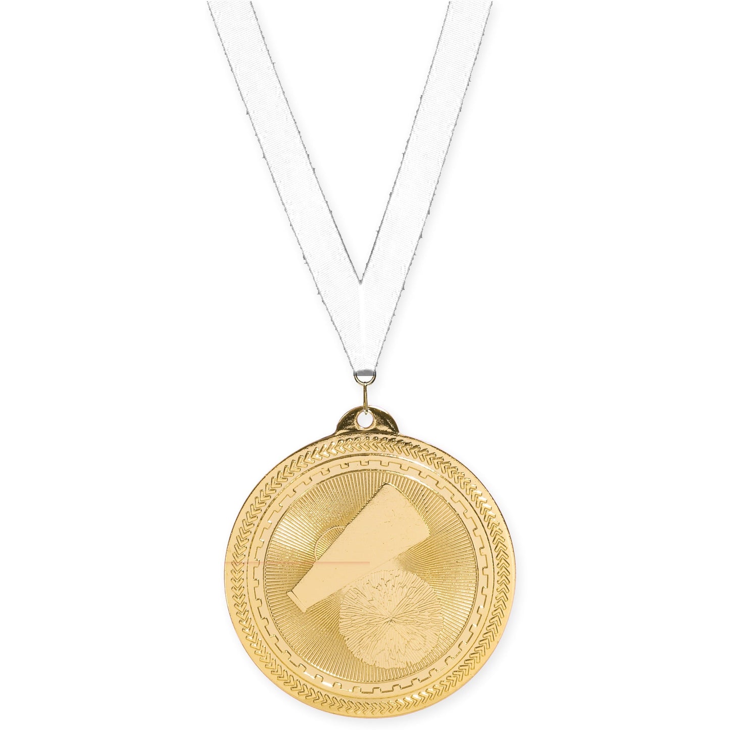 2 inch cheerleading Sunburst medal in bright gold with White neck ribbon