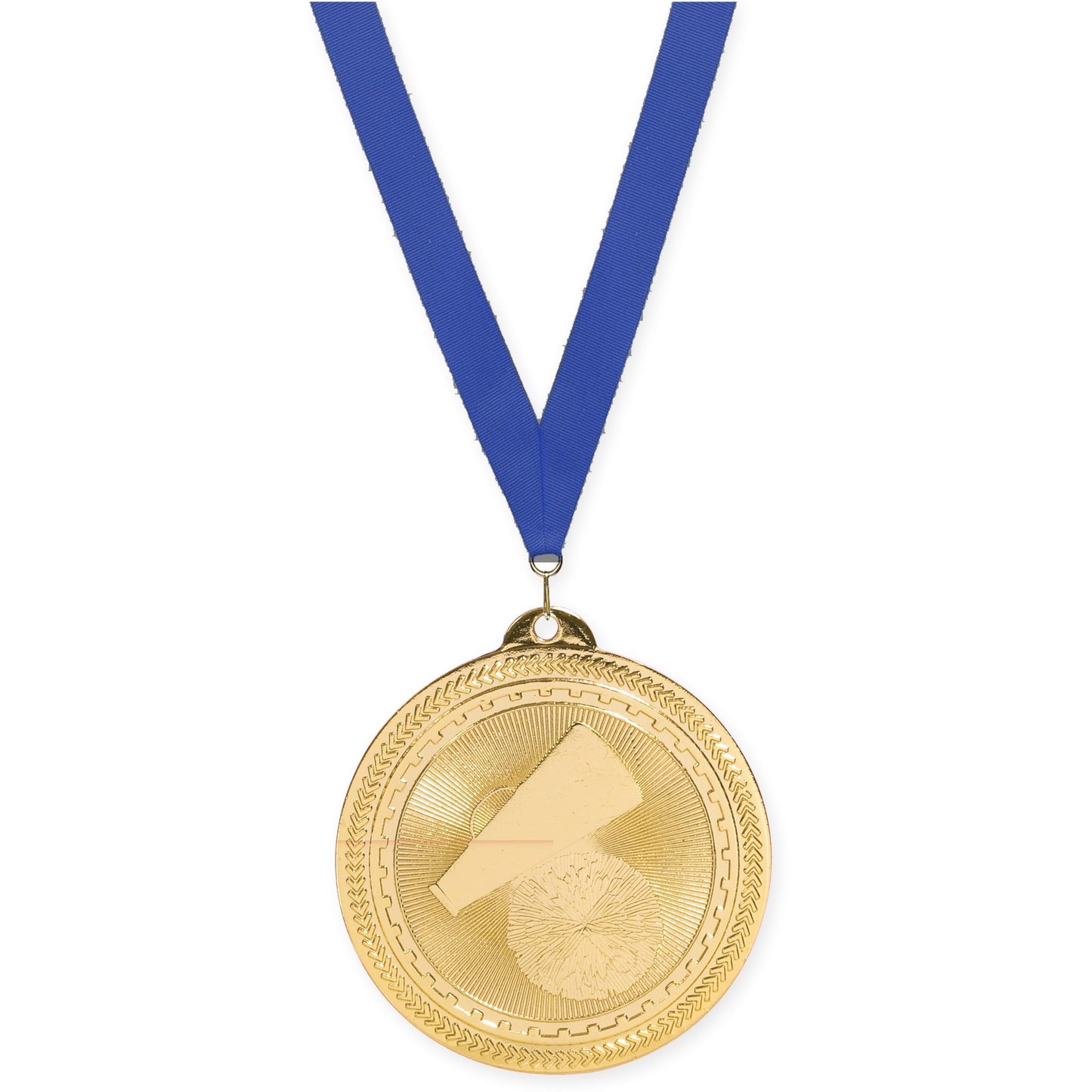 2 inch cheerleading Sunburst medal in bright gold with Blue neck ribbon