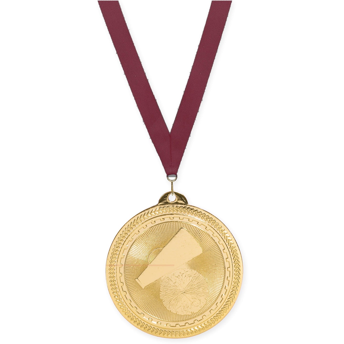 2 inch cheerleading Sunburst medal in bright gold with Maroon neck ribbon