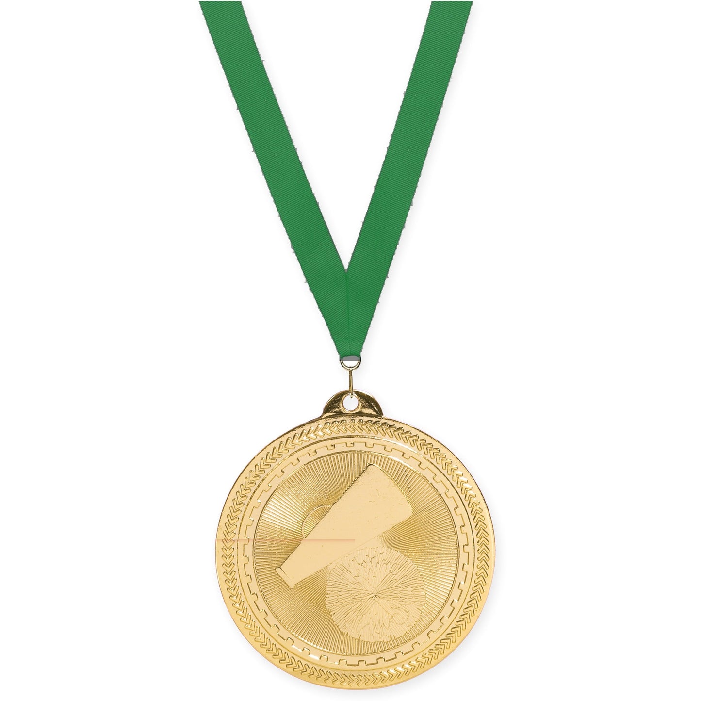 2 inch cheerleading Sunburst medal in bright gold with Green neck ribbon