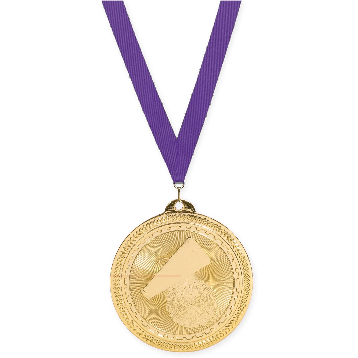 2 inch cheerleading Sunburst medal in bright gold with Purple neck ribbon