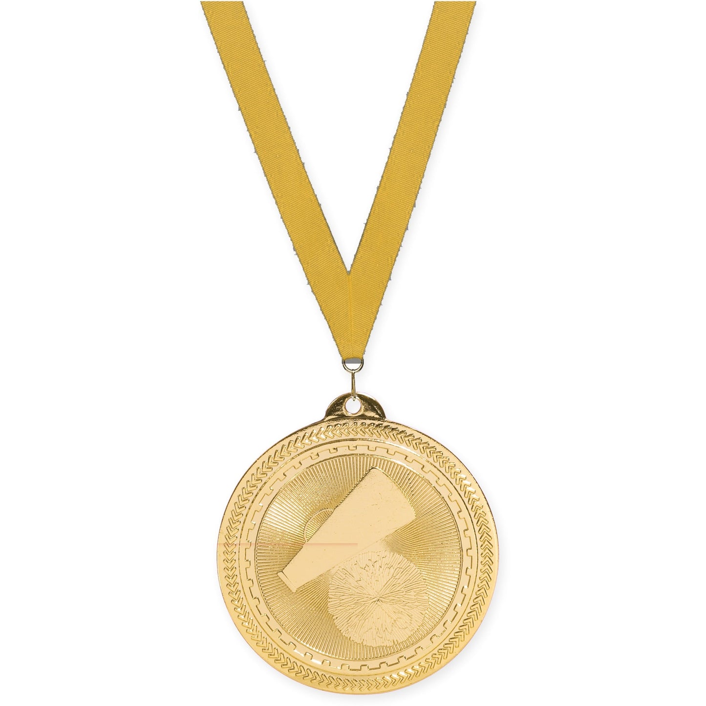2 inch cheerleading Sunburst medal in bright gold with Gold neck ribbon