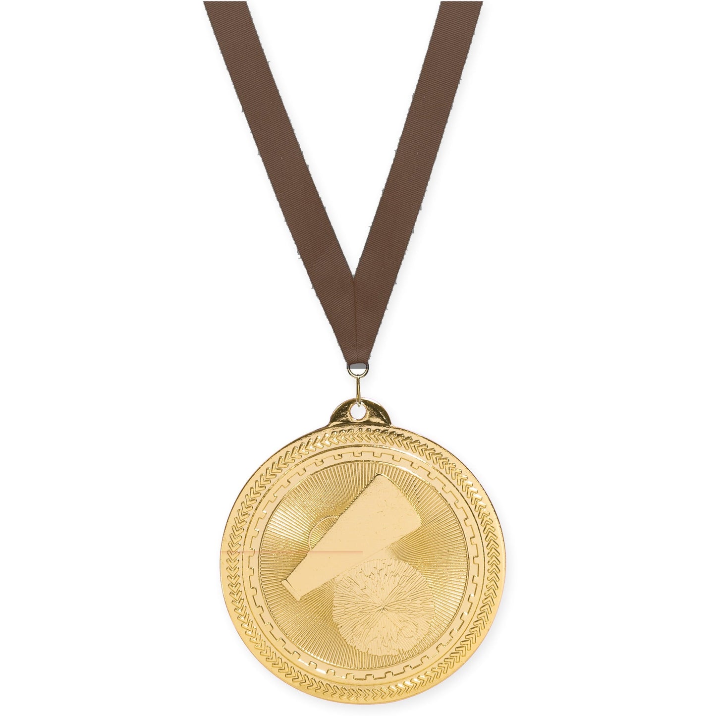2 inch cheerleading Sunburst medal in bright gold with Brown neck ribbon