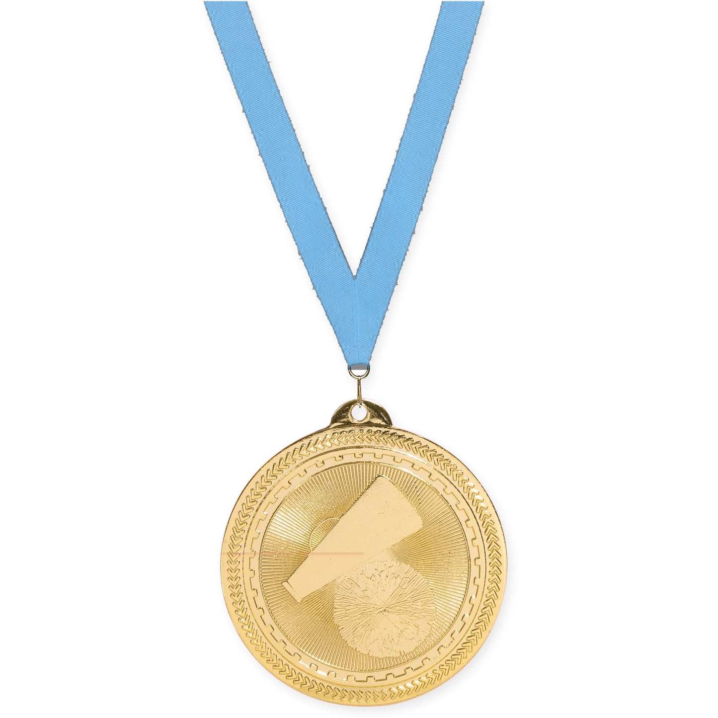 2 inch cheerleading Sunburst medal in bright gold with Light Blue neck ribbon