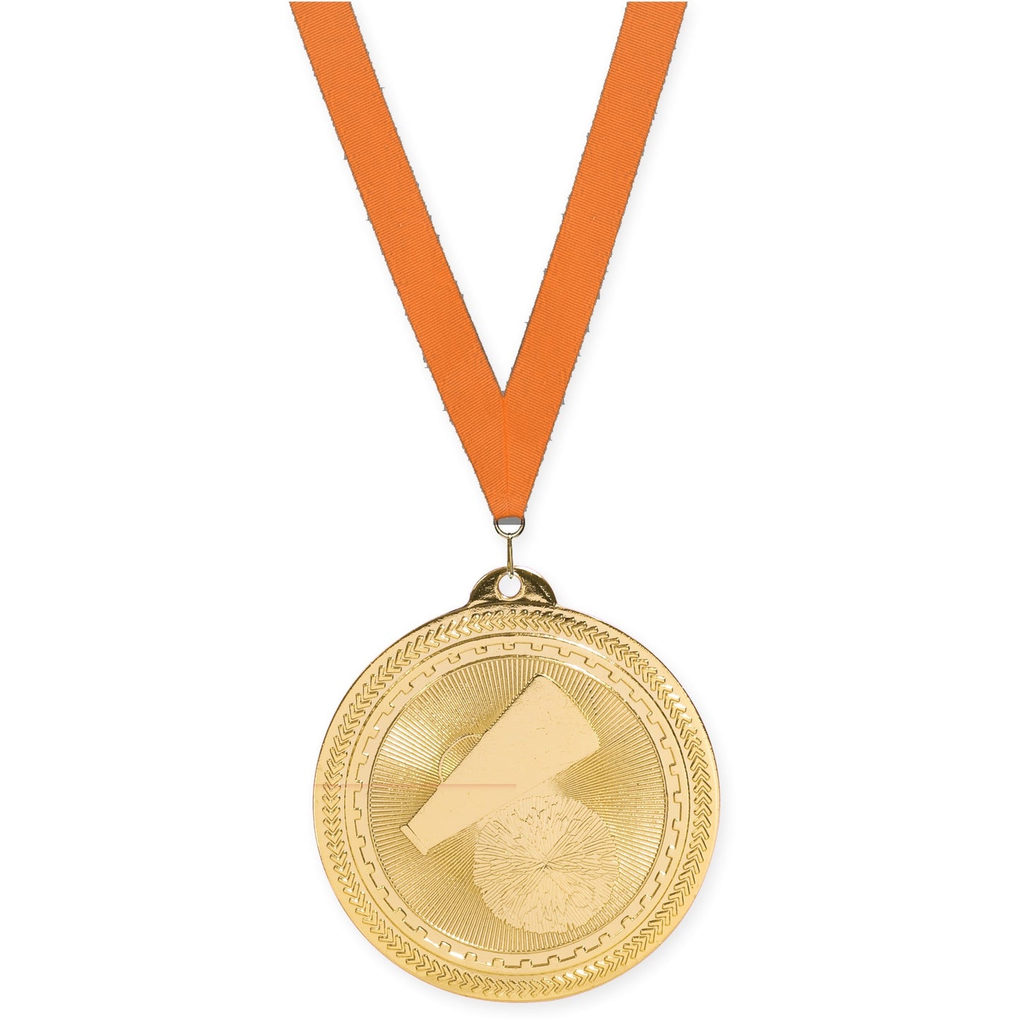 2 inch cheerleading Sunburst medal in bright gold with Orange neck ribbon