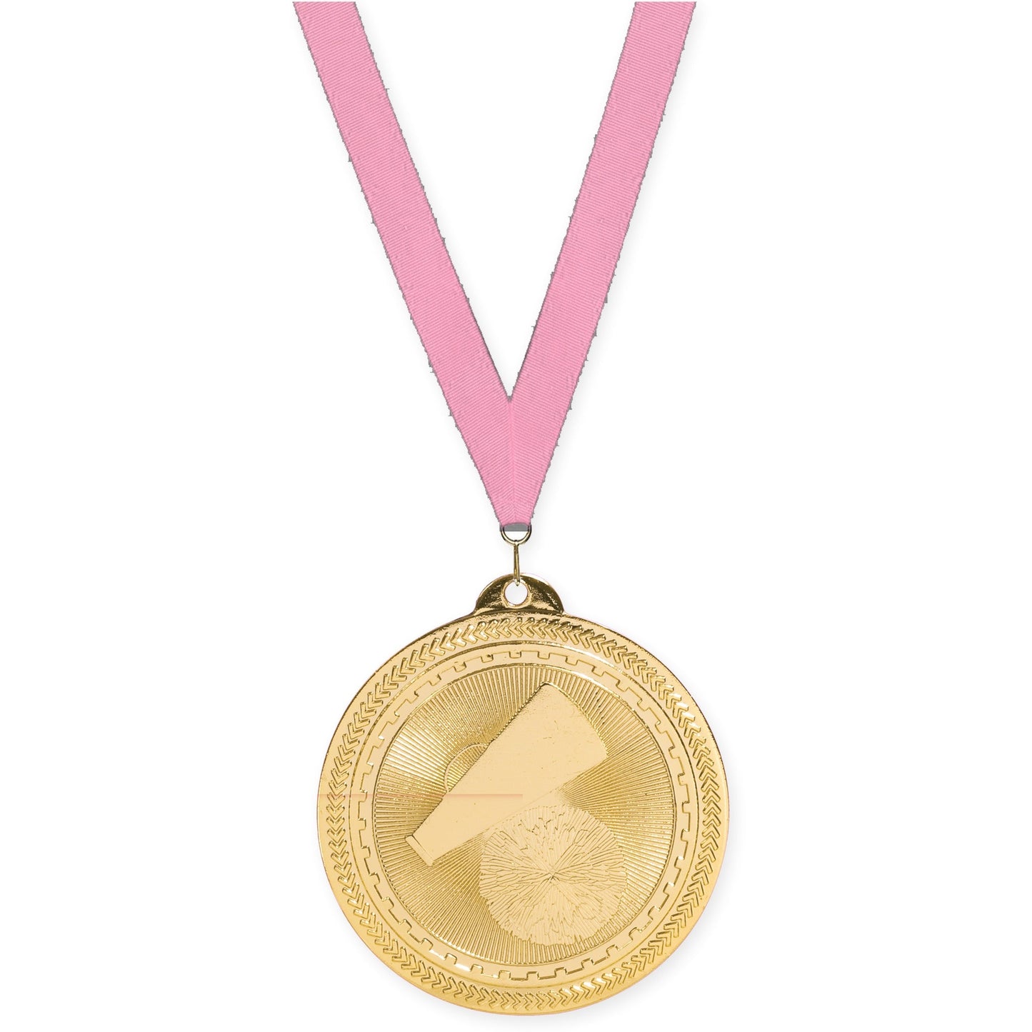 2 inch cheerleading Sunburst medal in bright gold with Pink neck ribbon