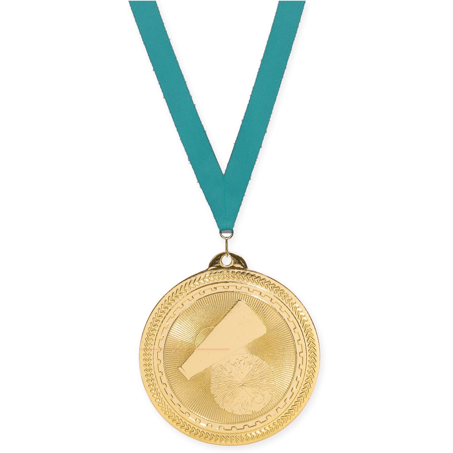 2 inch cheerleading Sunburst medal in bright gold with Teal neck ribbon
