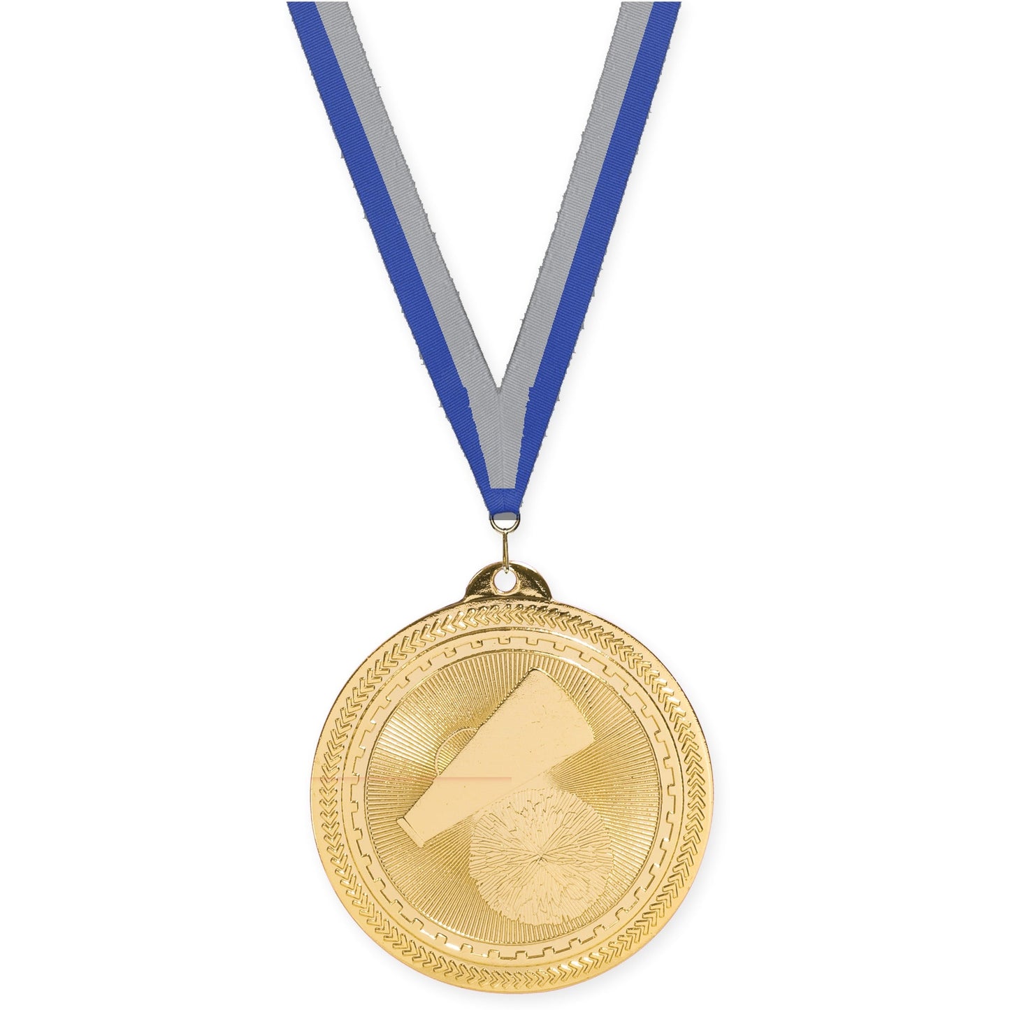 2 inch cheerleading Sunburst medal in bright gold with Blue Gray neck ribbon