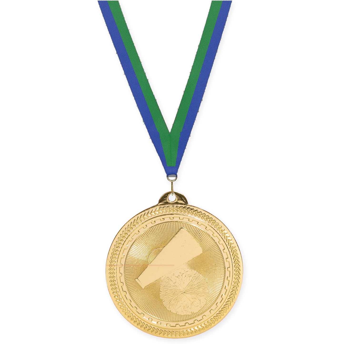 2 inch cheerleading Sunburst medal in bright gold with Blue Green neck ribbon