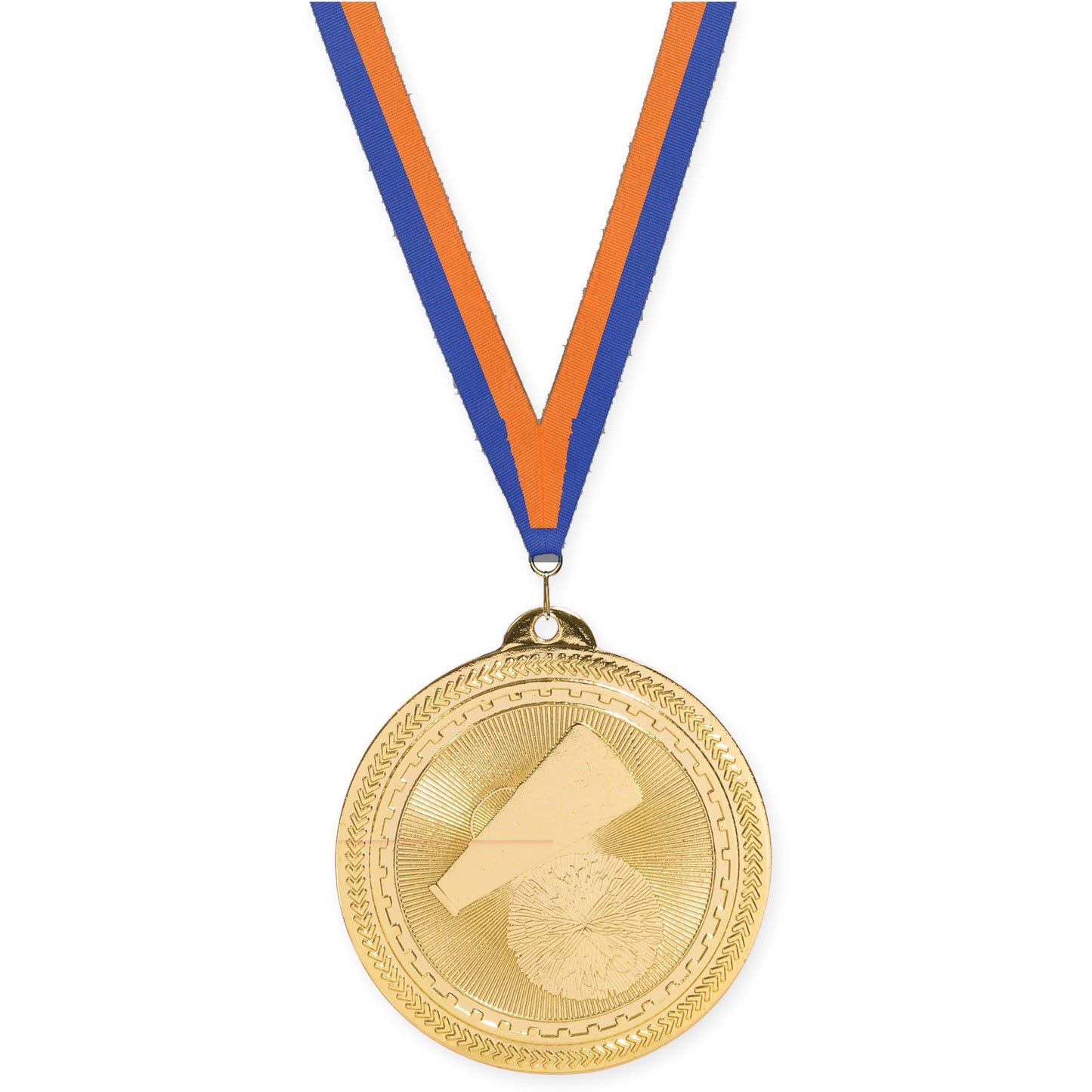 2 inch cheerleading Sunburst medal in bright gold with Blue Orange neck ribbon