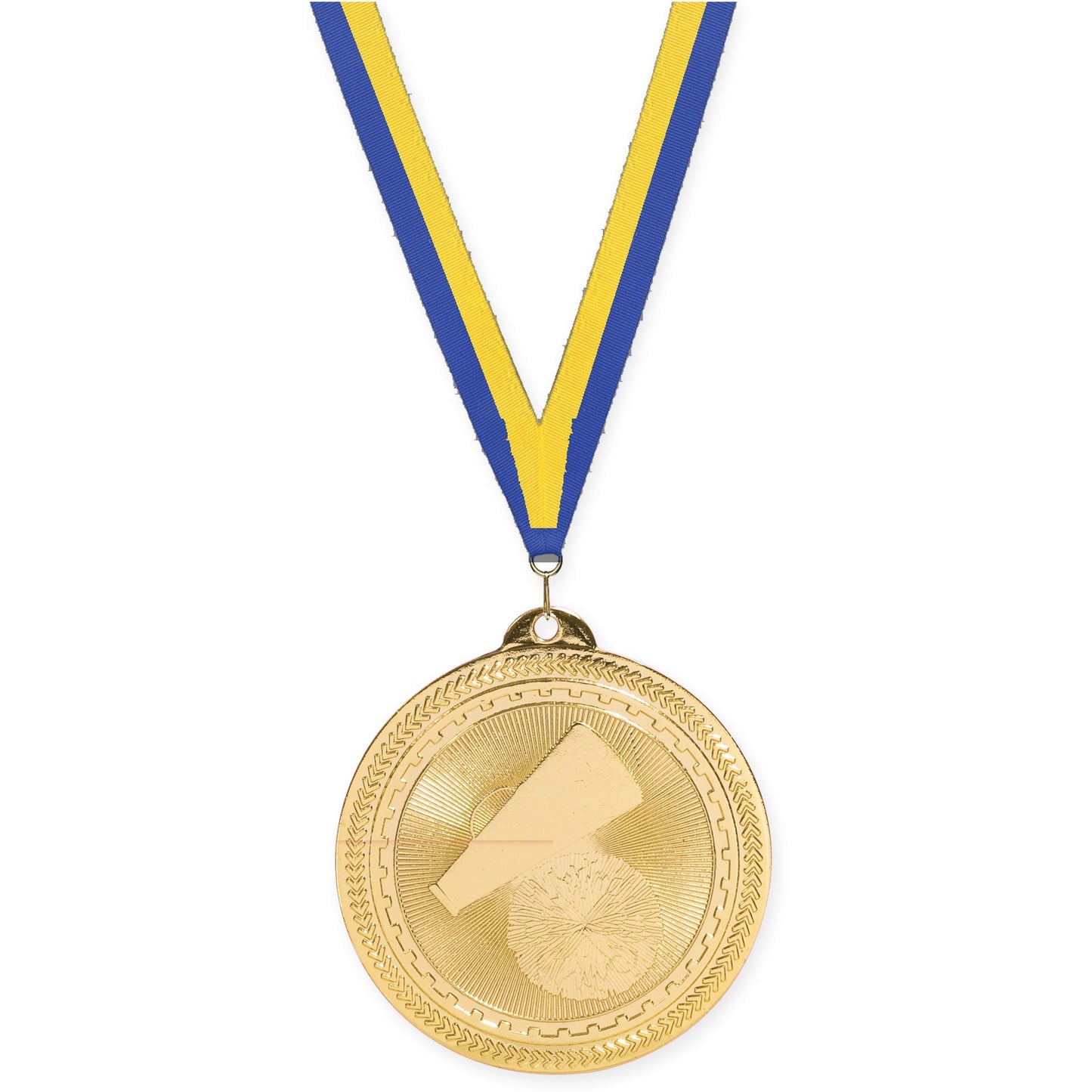 2 inch cheerleading Sunburst medal in bright gold with Blue Yellow neck ribbon