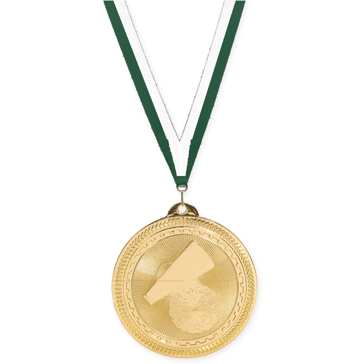 2 inch cheerleading Sunburst medal in bright gold with Hunter Green White neck ribbon
