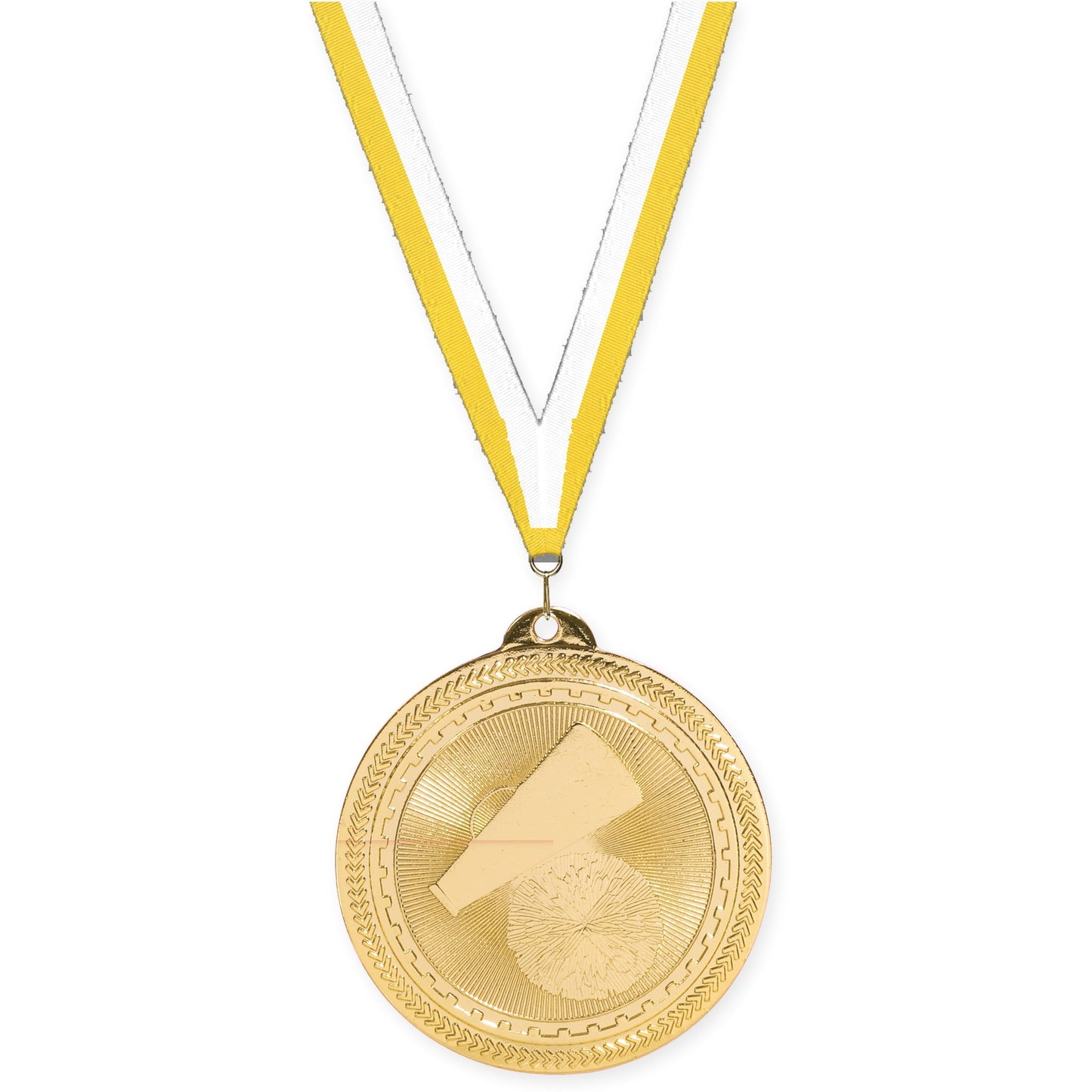 2 inch cheerleading Sunburst medal in bright gold with Yellow White neck ribbon