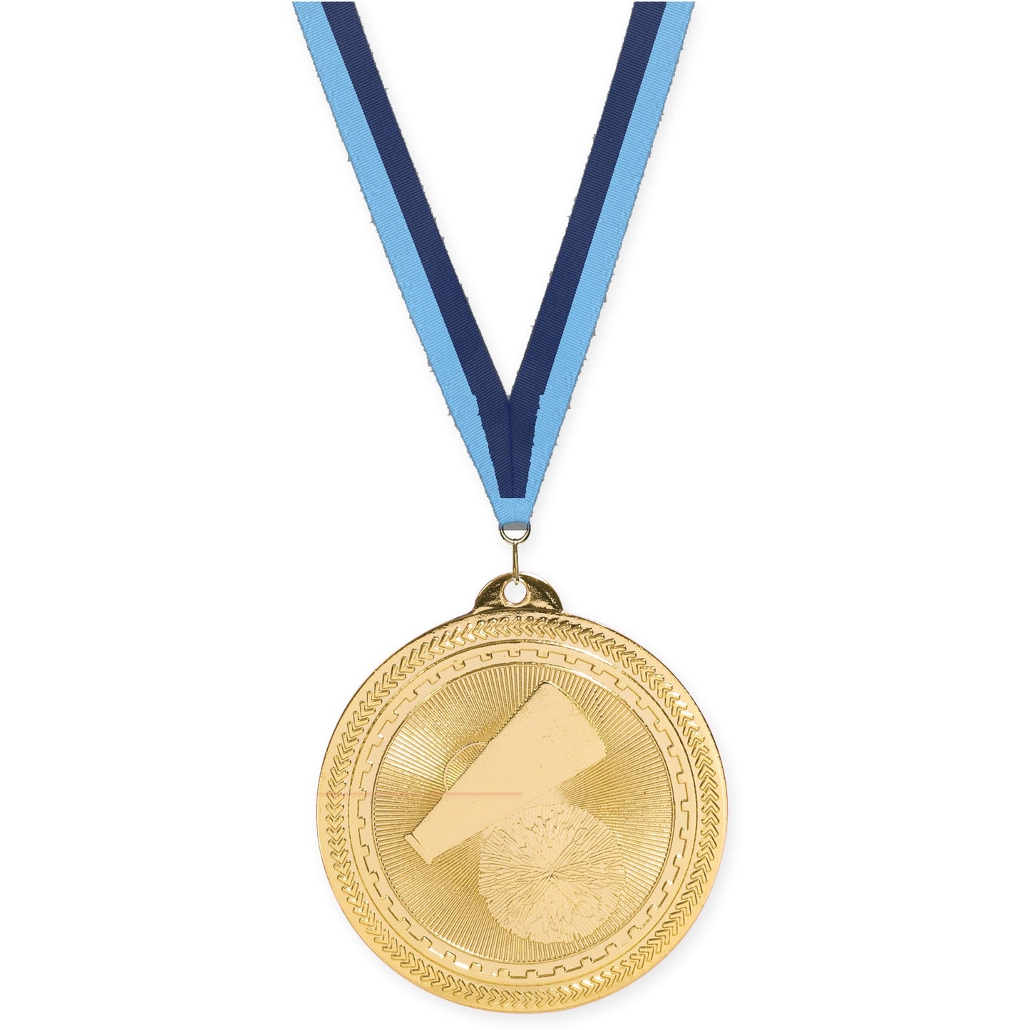 2 inch cheerleading Sunburst medal in bright gold with Light Blue Navy neck ribbon