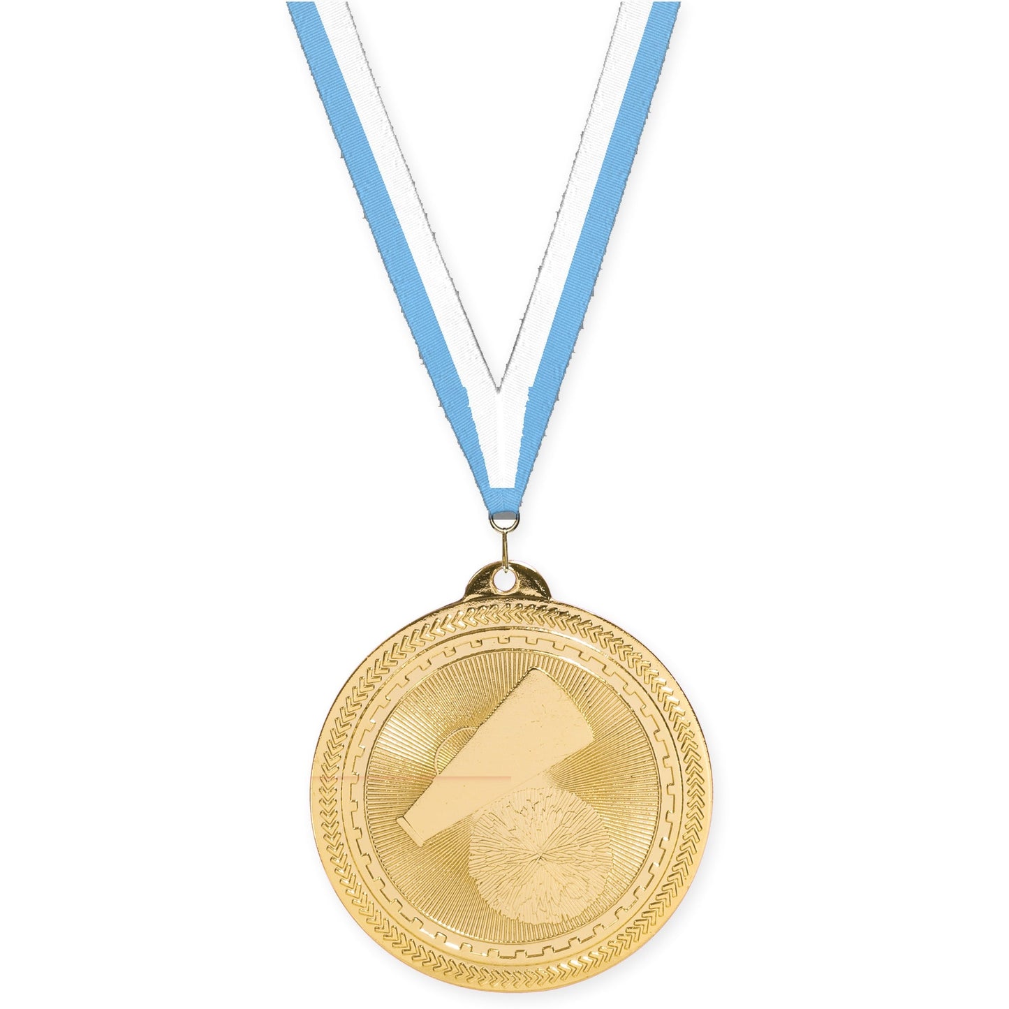 2 inch cheerleading Sunburst medal in bright gold with Light Blue White neck ribbon