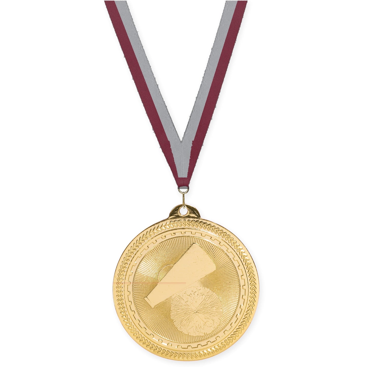 2 inch cheerleading Sunburst medal in bright gold with Maroon Gray neck ribbon