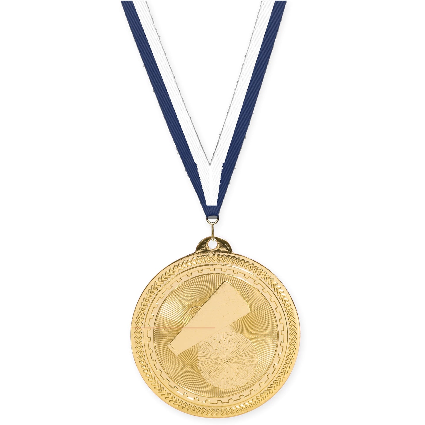 2 inch cheerleading Sunburst medal in bright gold with Navy White neck ribbon