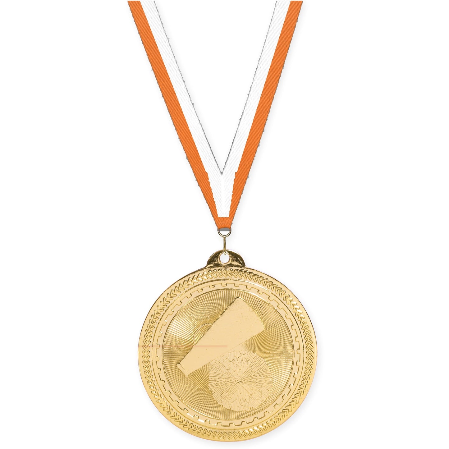 2 inch cheerleading Sunburst medal in bright gold with Orange White neck ribbon