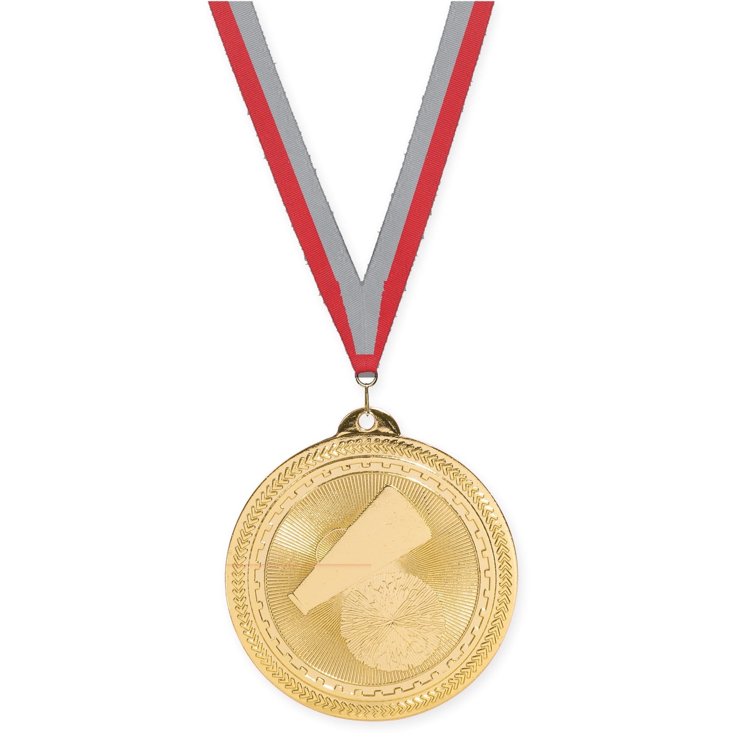 2 inch cheerleading Sunburst medal in bright gold with Red Gray neck ribbon