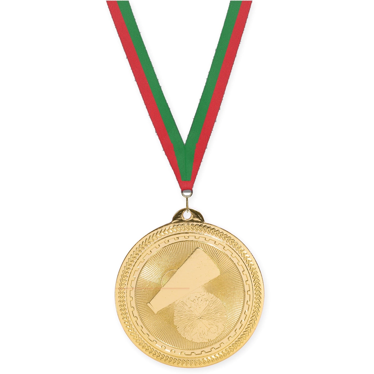 2 inch cheerleading Sunburst medal in bright gold with Red Green neck ribbon