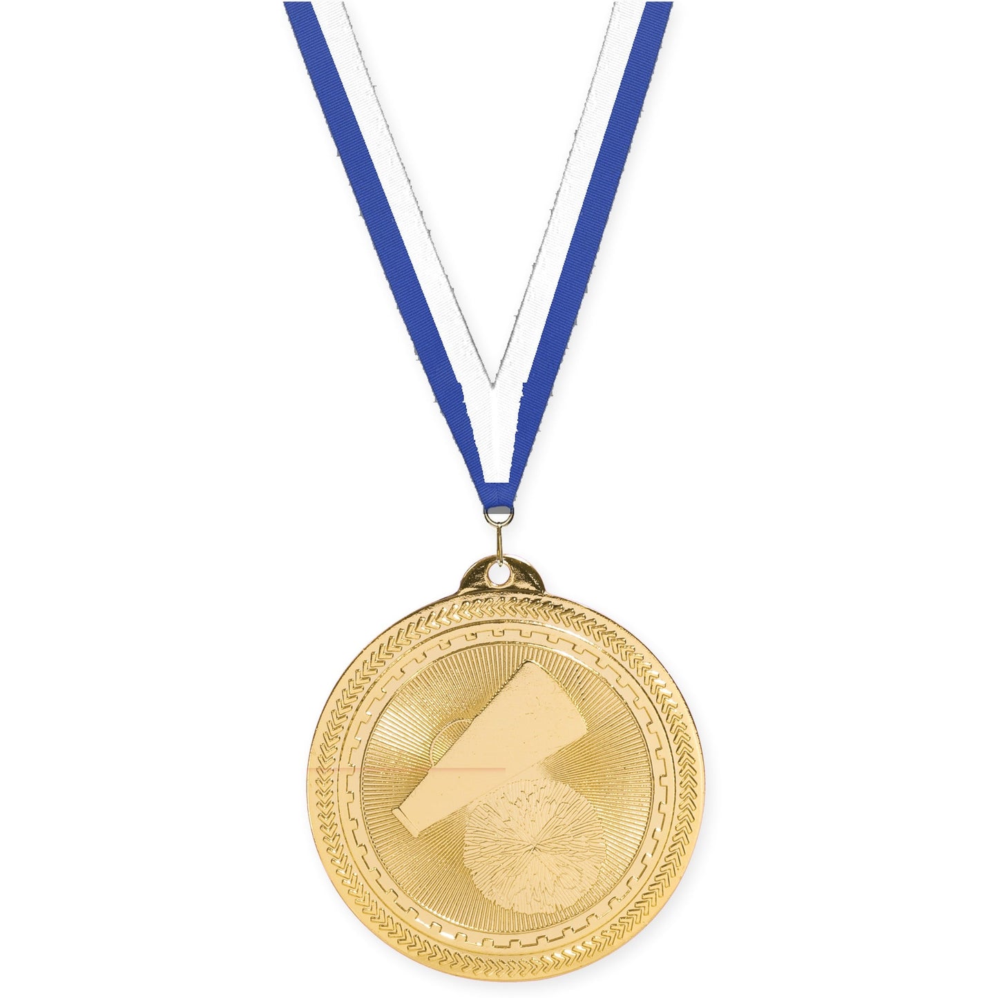 2 inch cheerleading Sunburst medal in bright gold with Blue White neck ribbon