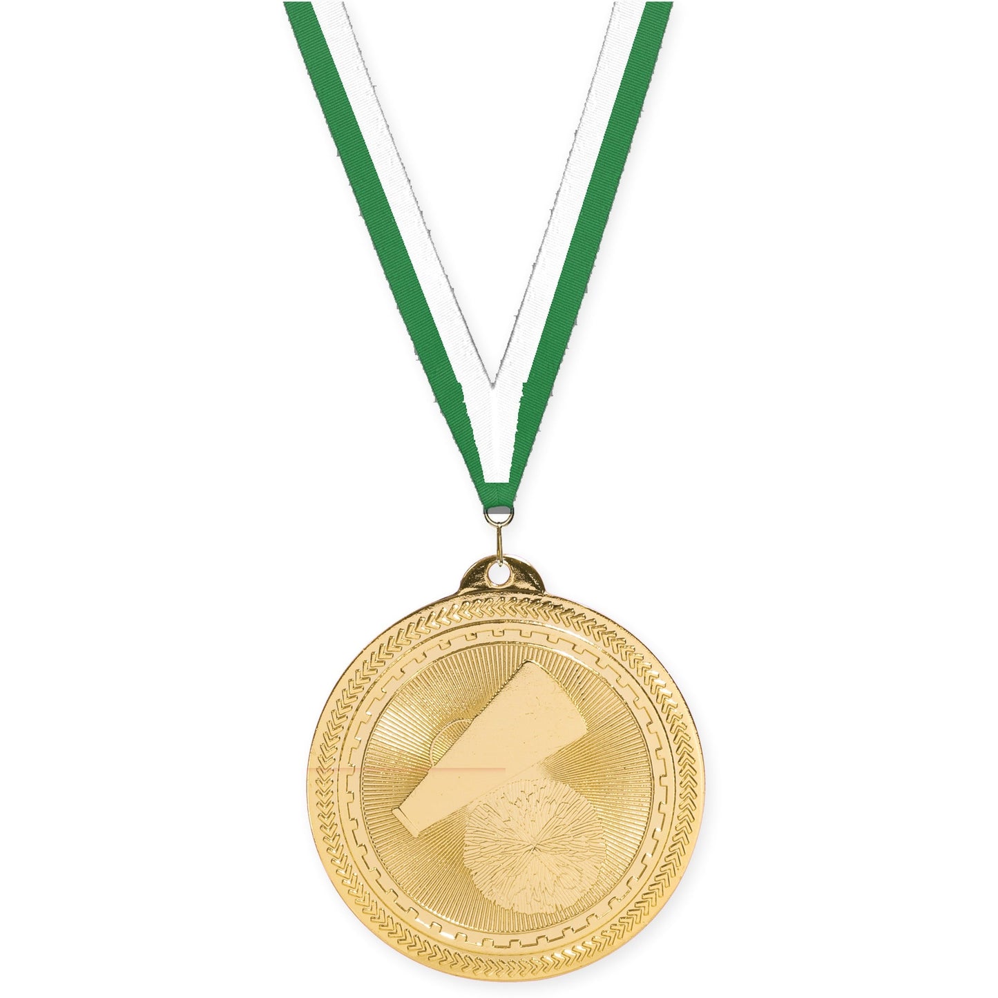 2 inch cheerleading Sunburst medal in bright gold with Green White neck ribbon