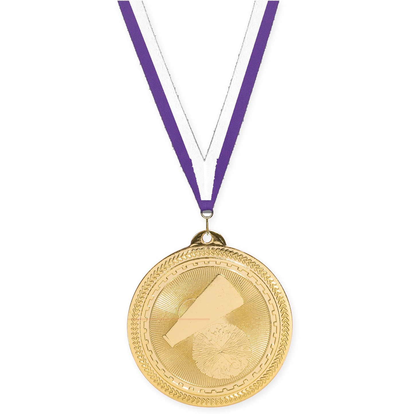 2 inch cheerleading Sunburst medal in bright gold with Purple White neck ribbon