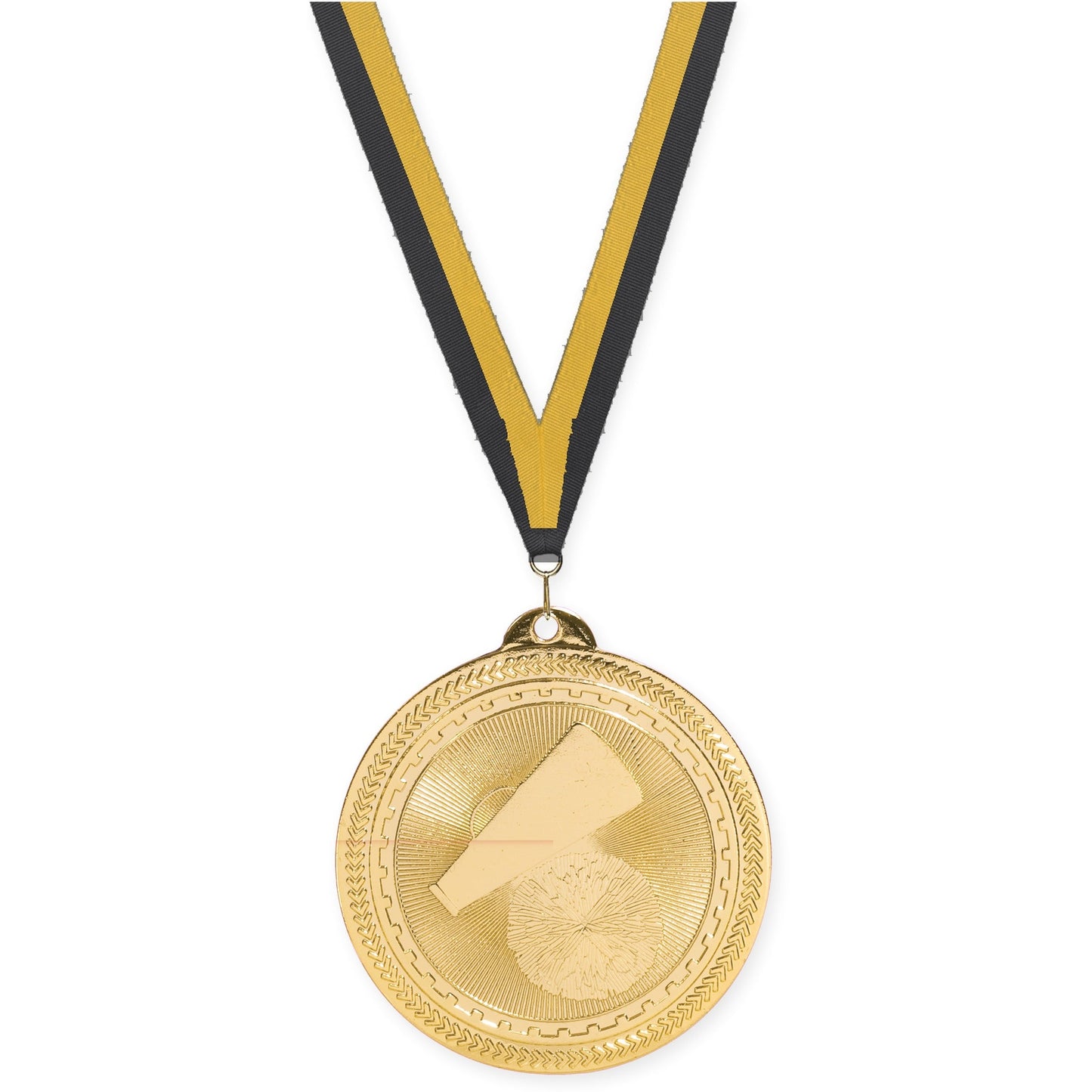 2 inch cheerleading Sunburst medal in bright gold with Black Gold neck ribbon