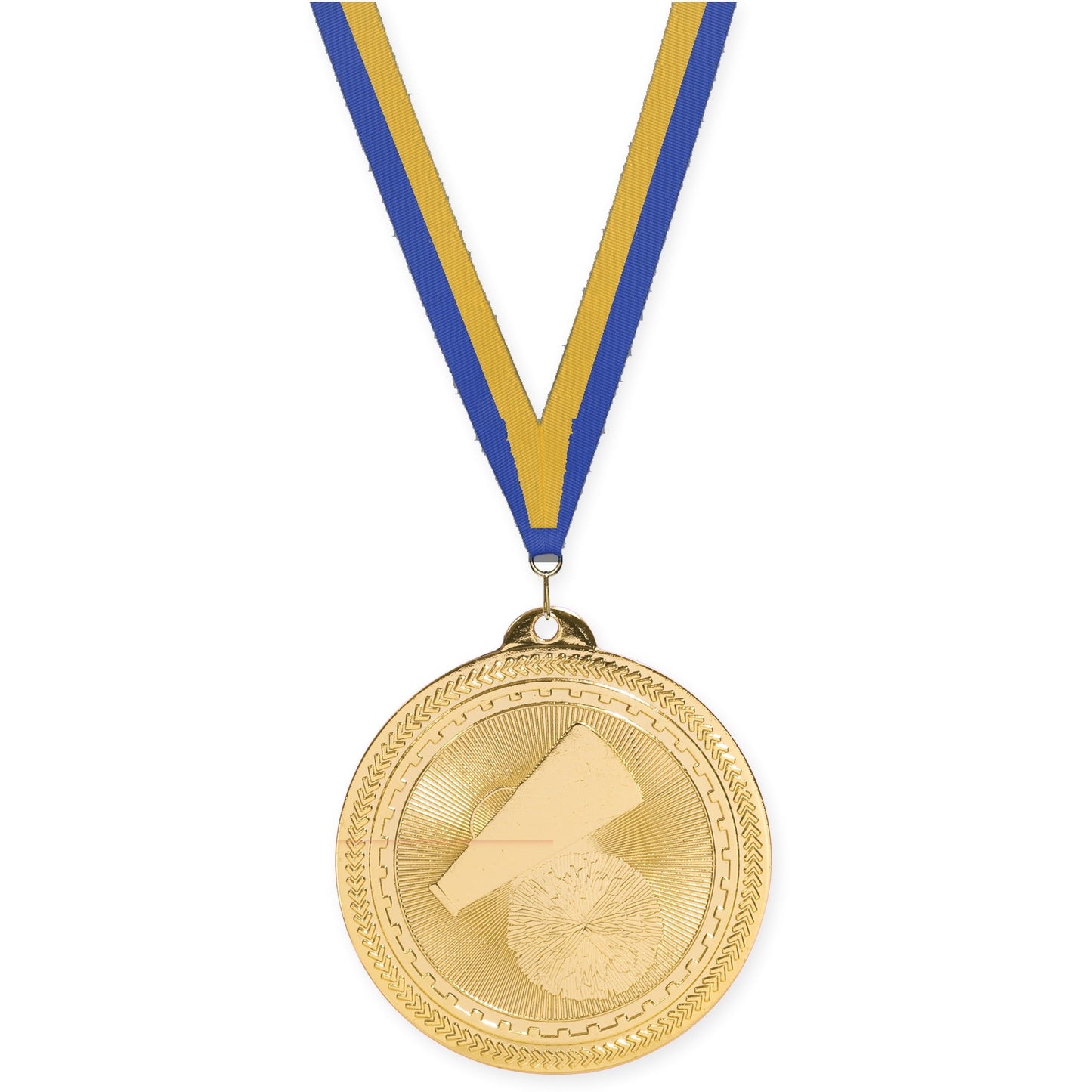 2 inch cheerleading Sunburst medal in bright gold with Blue Gold neck ribbon