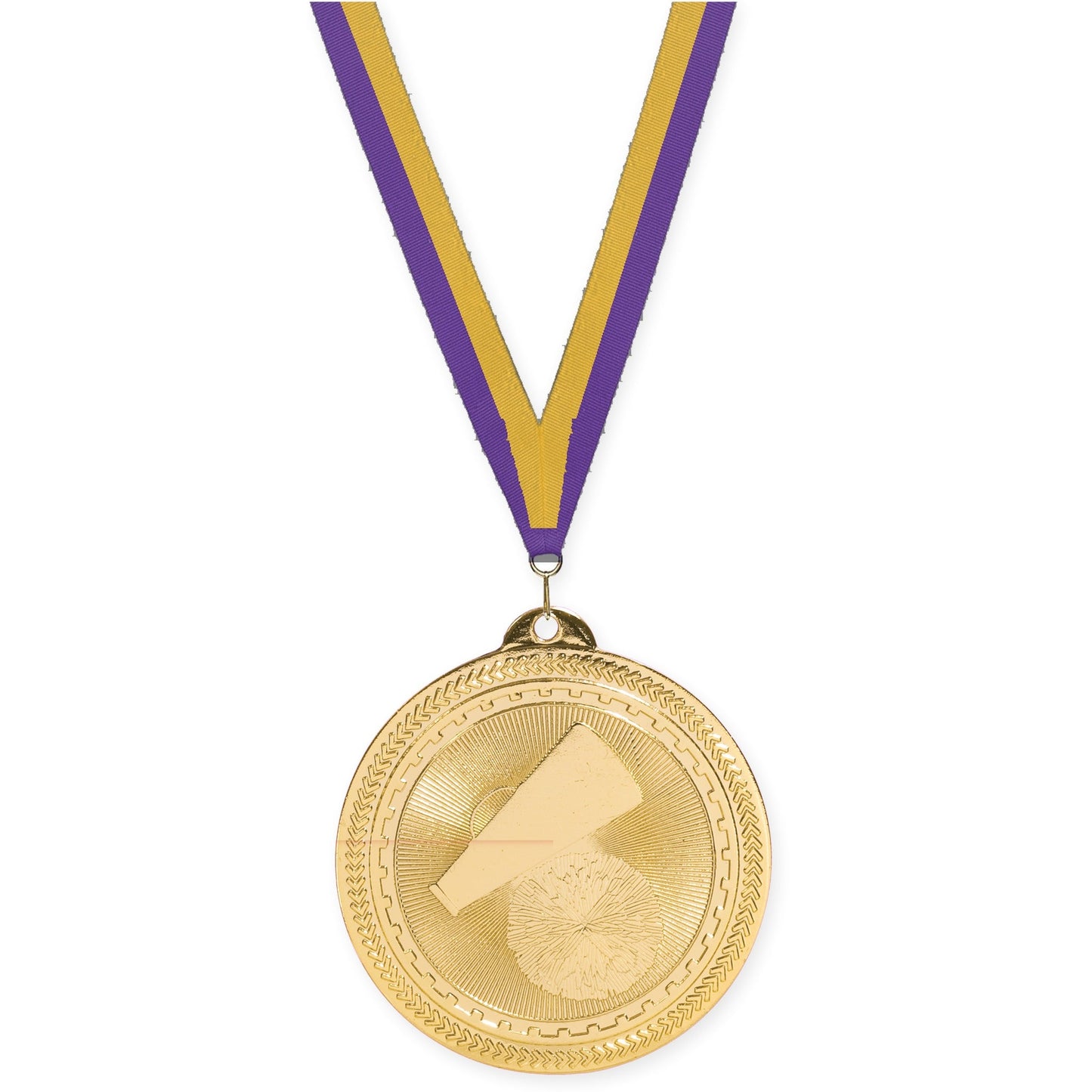 2 inch cheerleading Sunburst medal in bright gold with Purple Gold neck ribbon