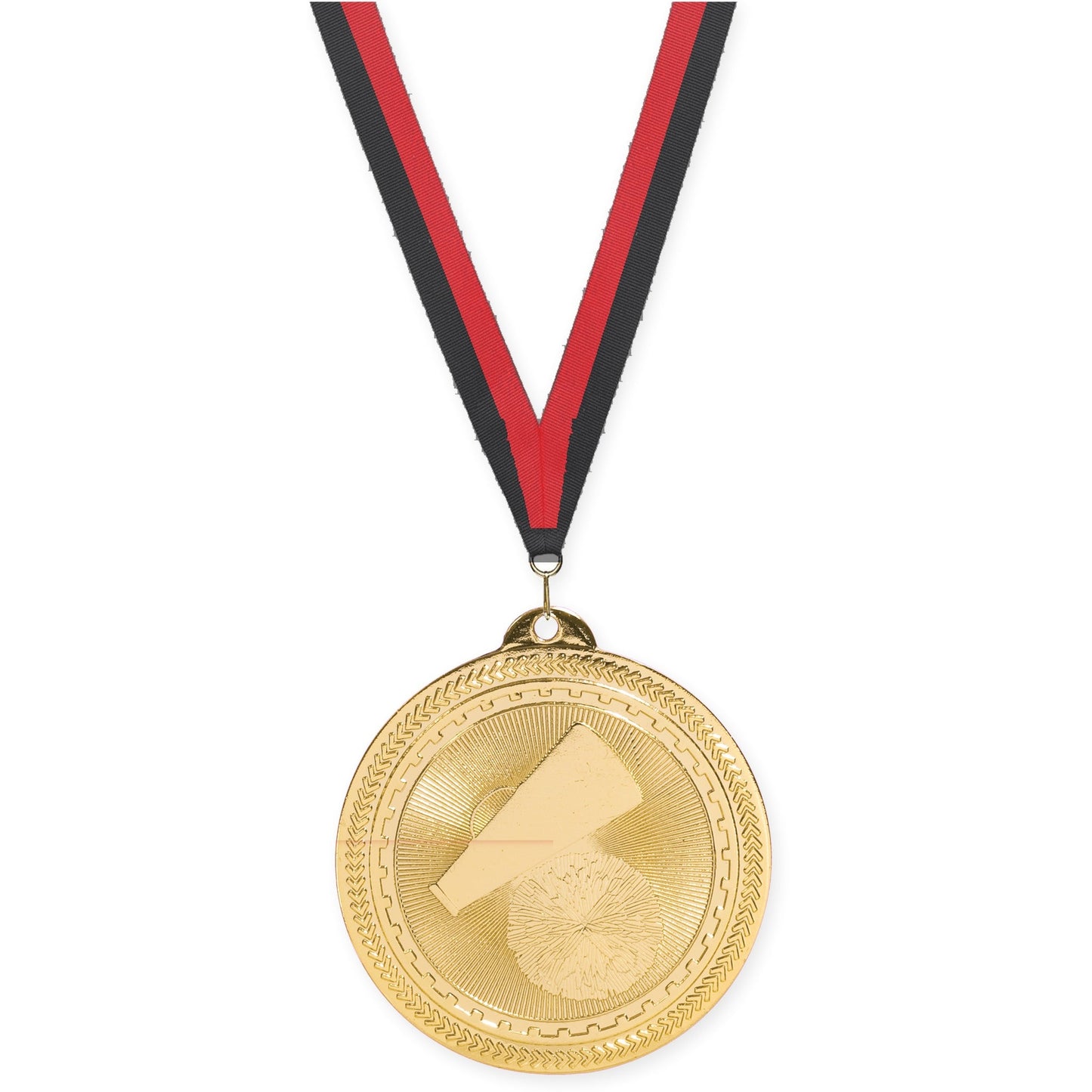 2 inch cheerleading Sunburst medal in bright gold with Black Red neck ribbon