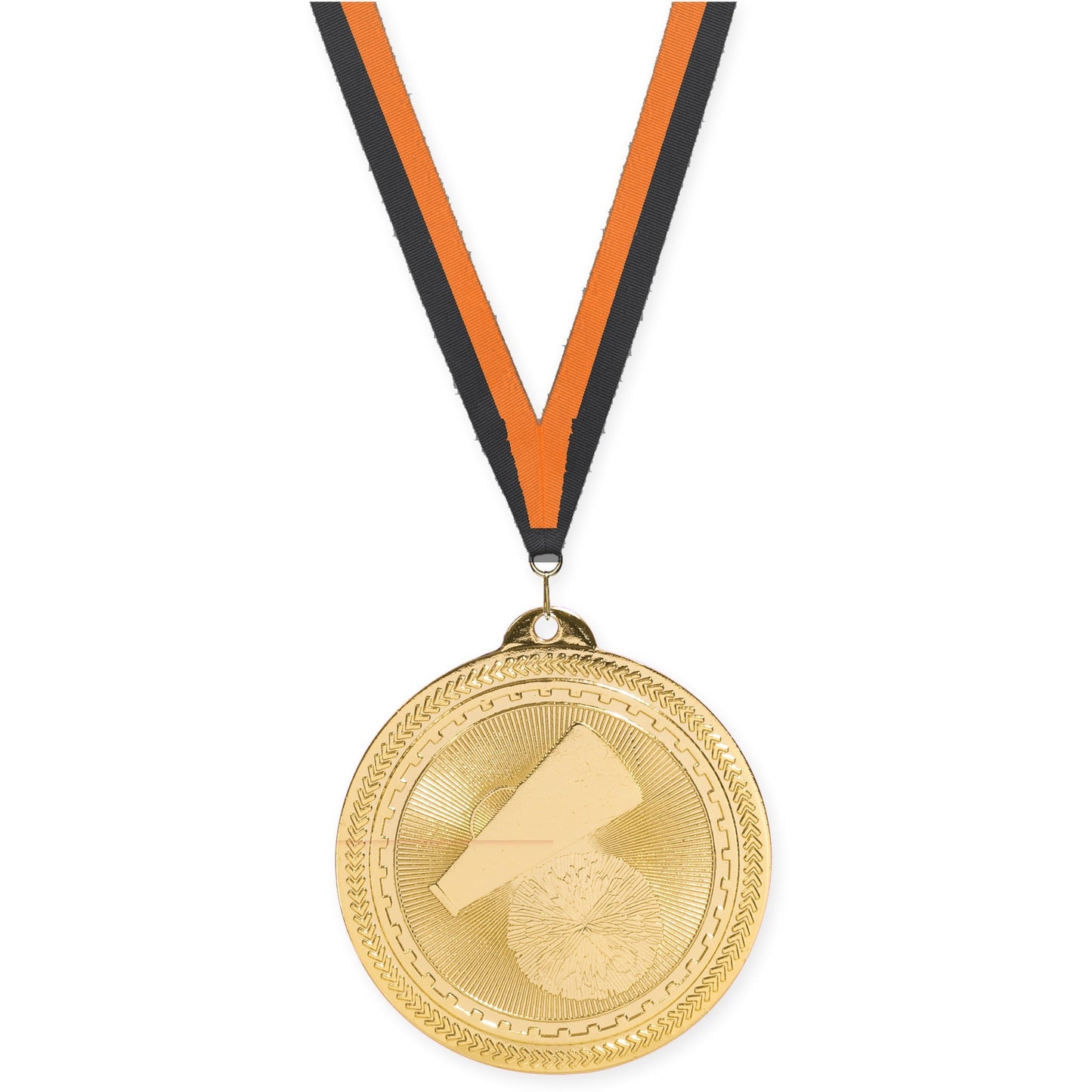 2 inch cheerleading Sunburst medal in bright gold with Black Orange neck ribbon