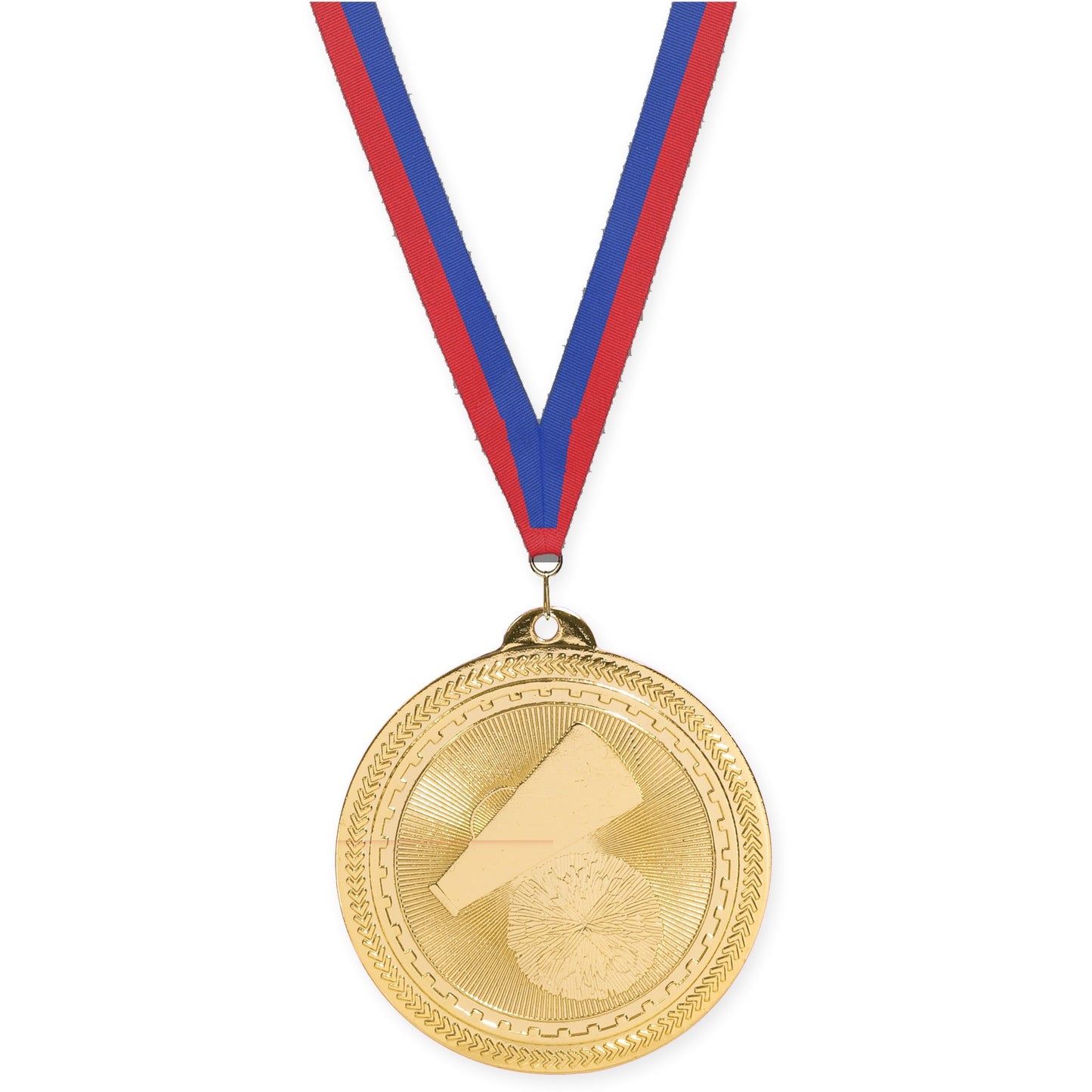2 inch cheerleading Sunburst medal in bright gold with Blue Red neck ribbon