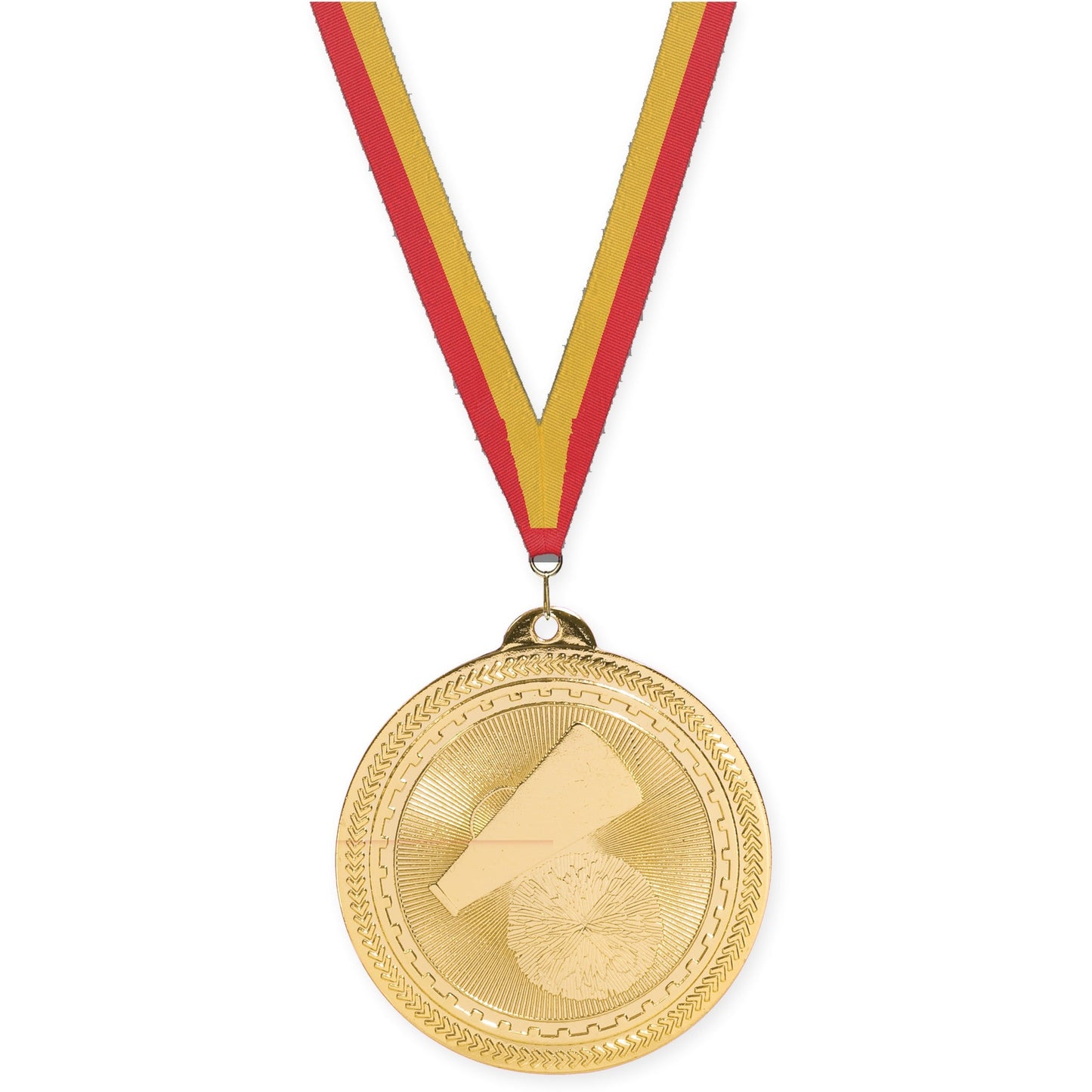 2 inch cheerleading Sunburst medal in bright gold with Red Gold neck ribbon