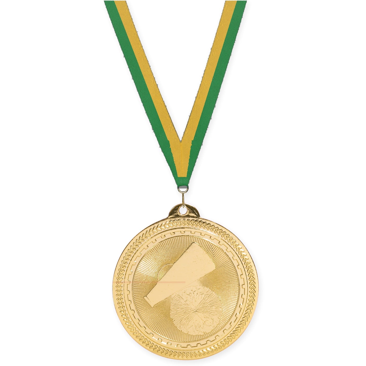 2 inch cheerleading Sunburst medal in bright gold with Green Gold neck ribbon