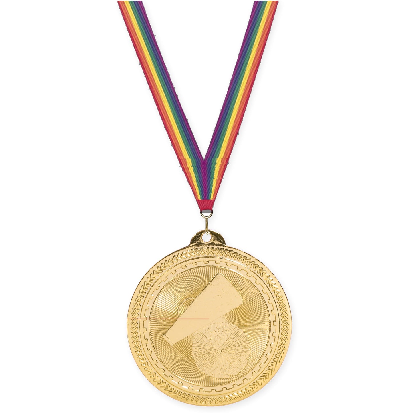 2 inch cheerleading Sunburst medal in bright gold with Rainbow neck ribbon