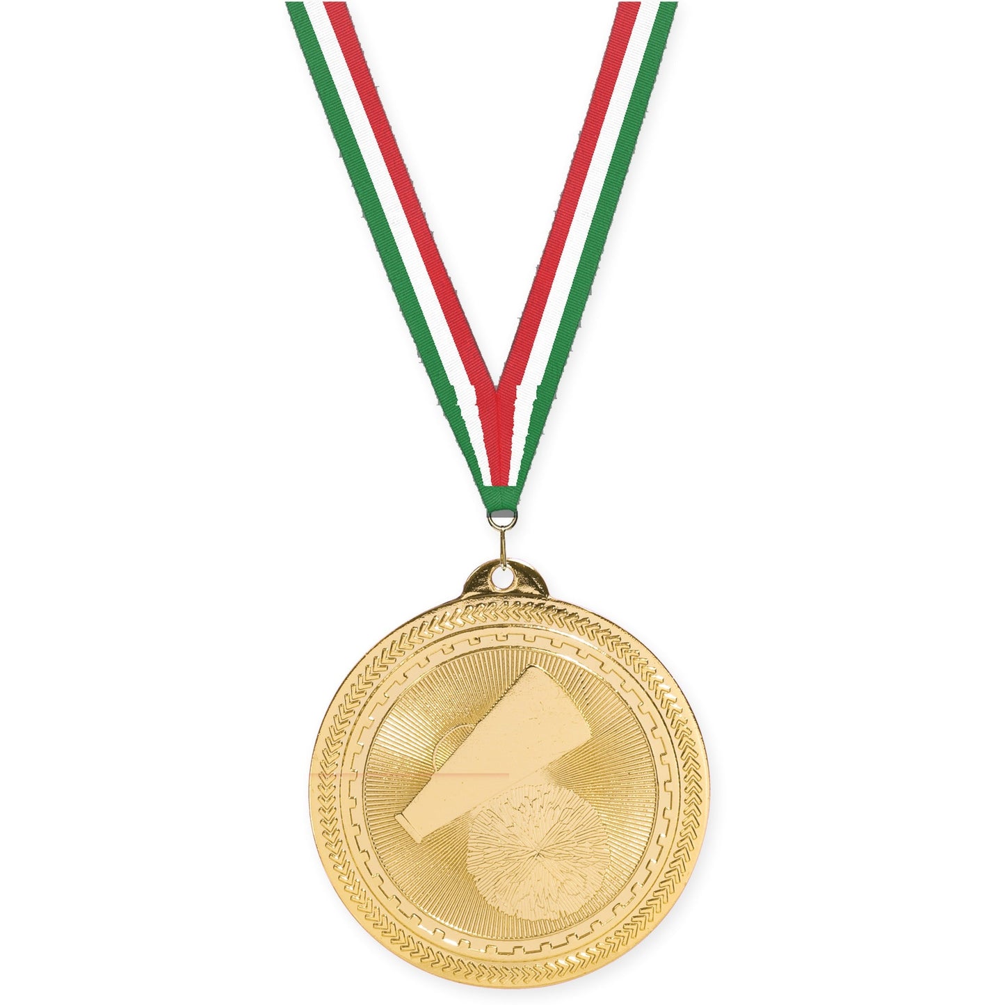 2 inch cheerleading Sunburst medal in bright gold with Green White Red neck ribbon
